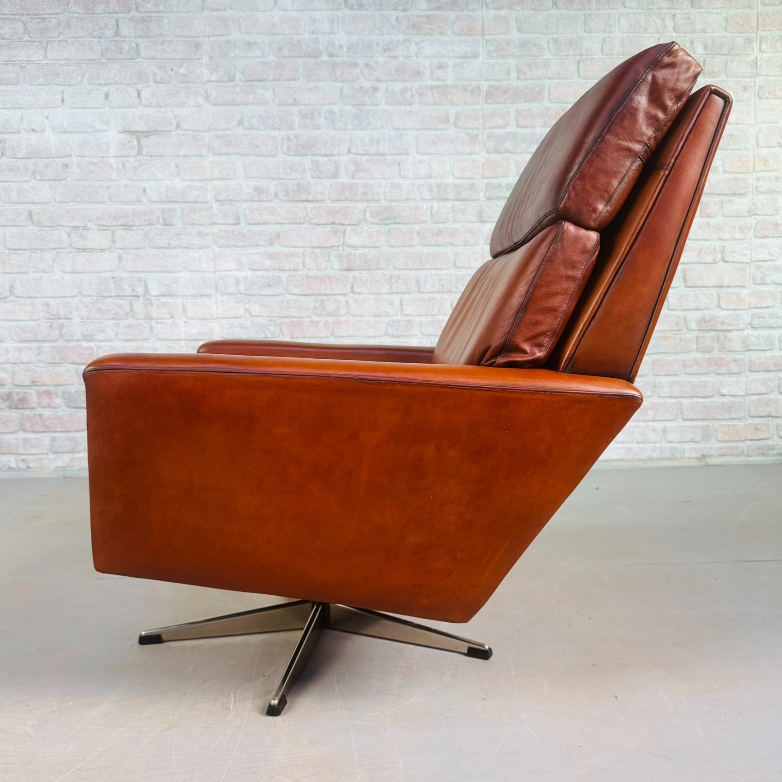 Vintage Danish Tan Leather Swivel Armchair