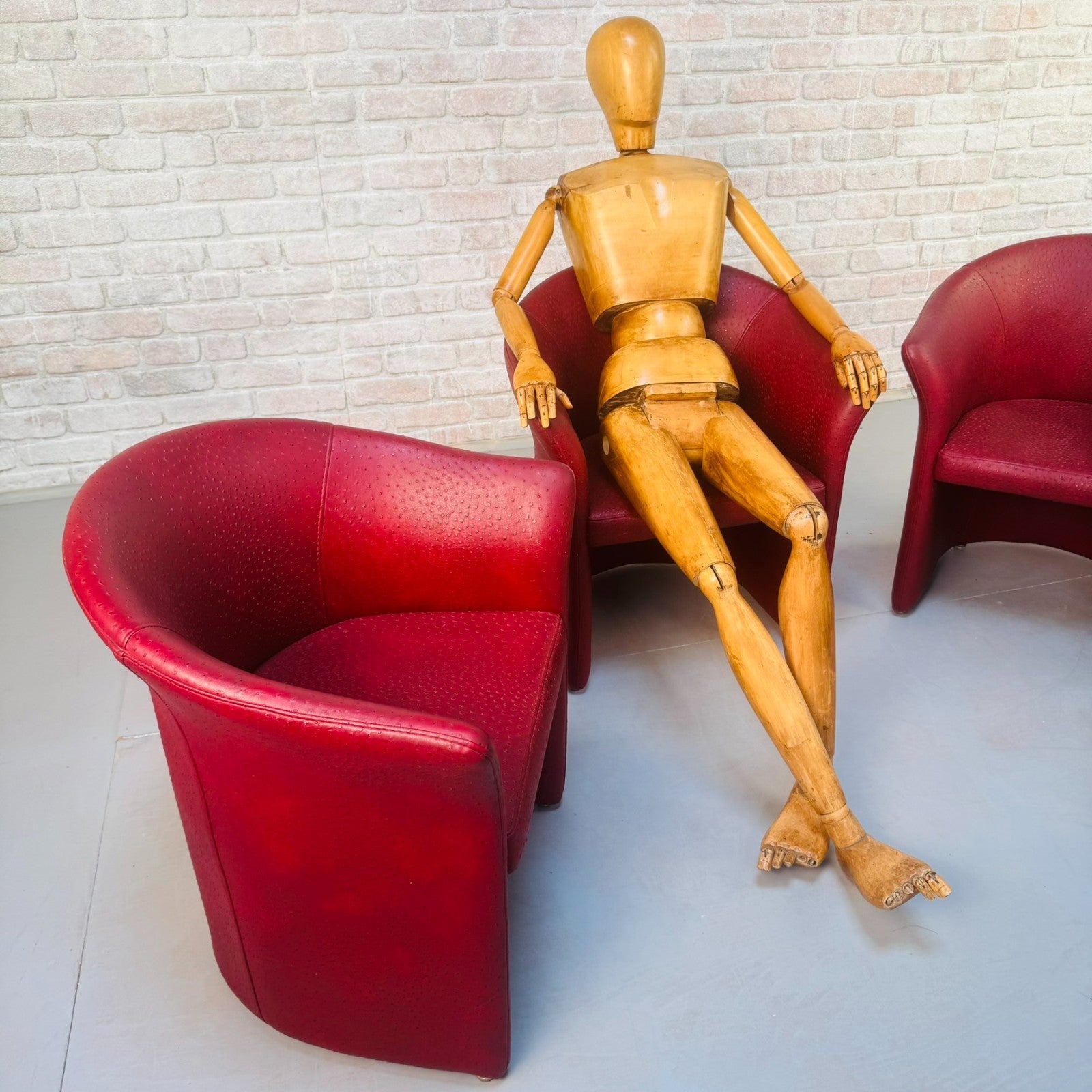 Set of Vintage Italian Red Faux Ostrich Leather Tub Chairs