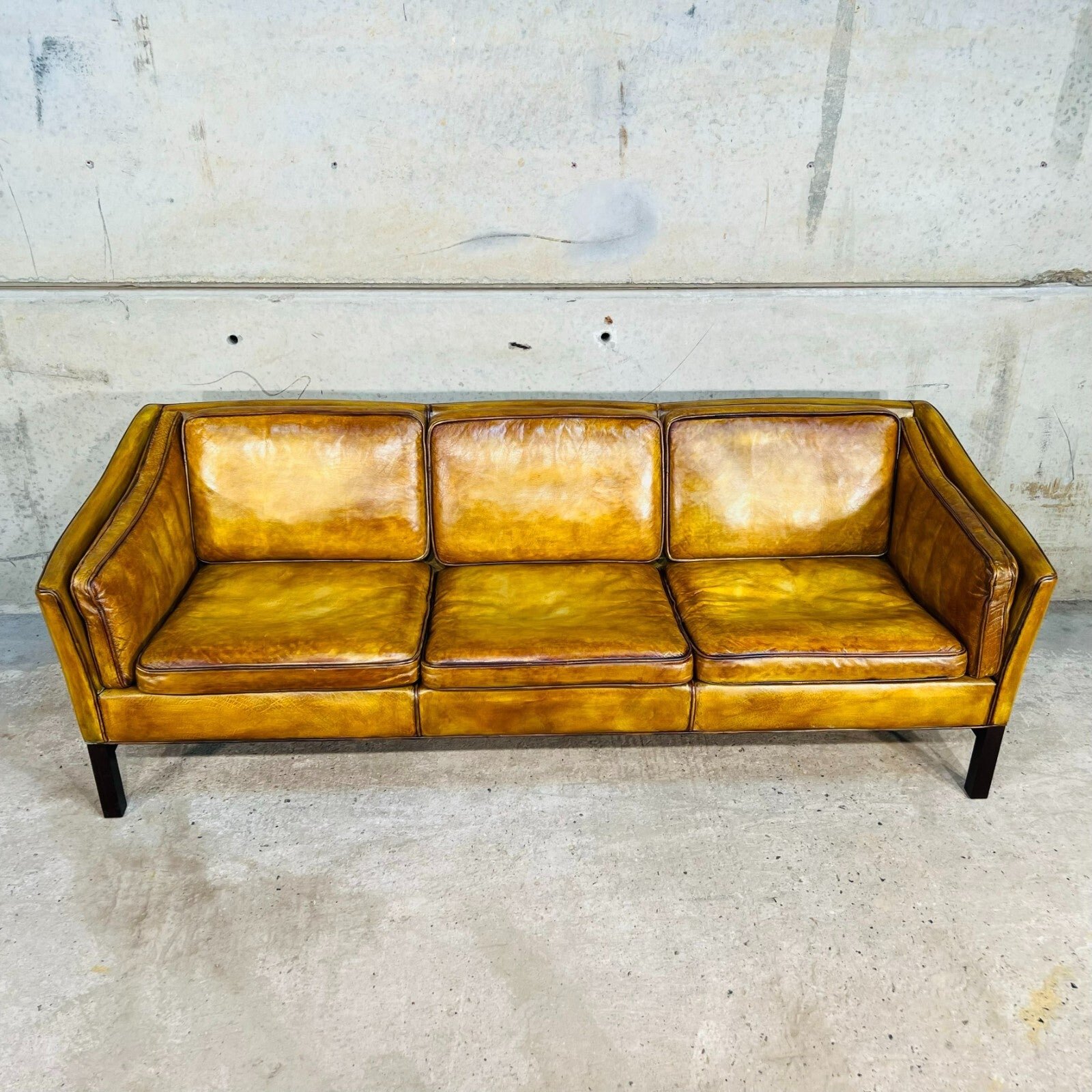 Vintage 1970s Danish Erik Jorgensen Patinated Light Tan Three-Seater Leather Sofa