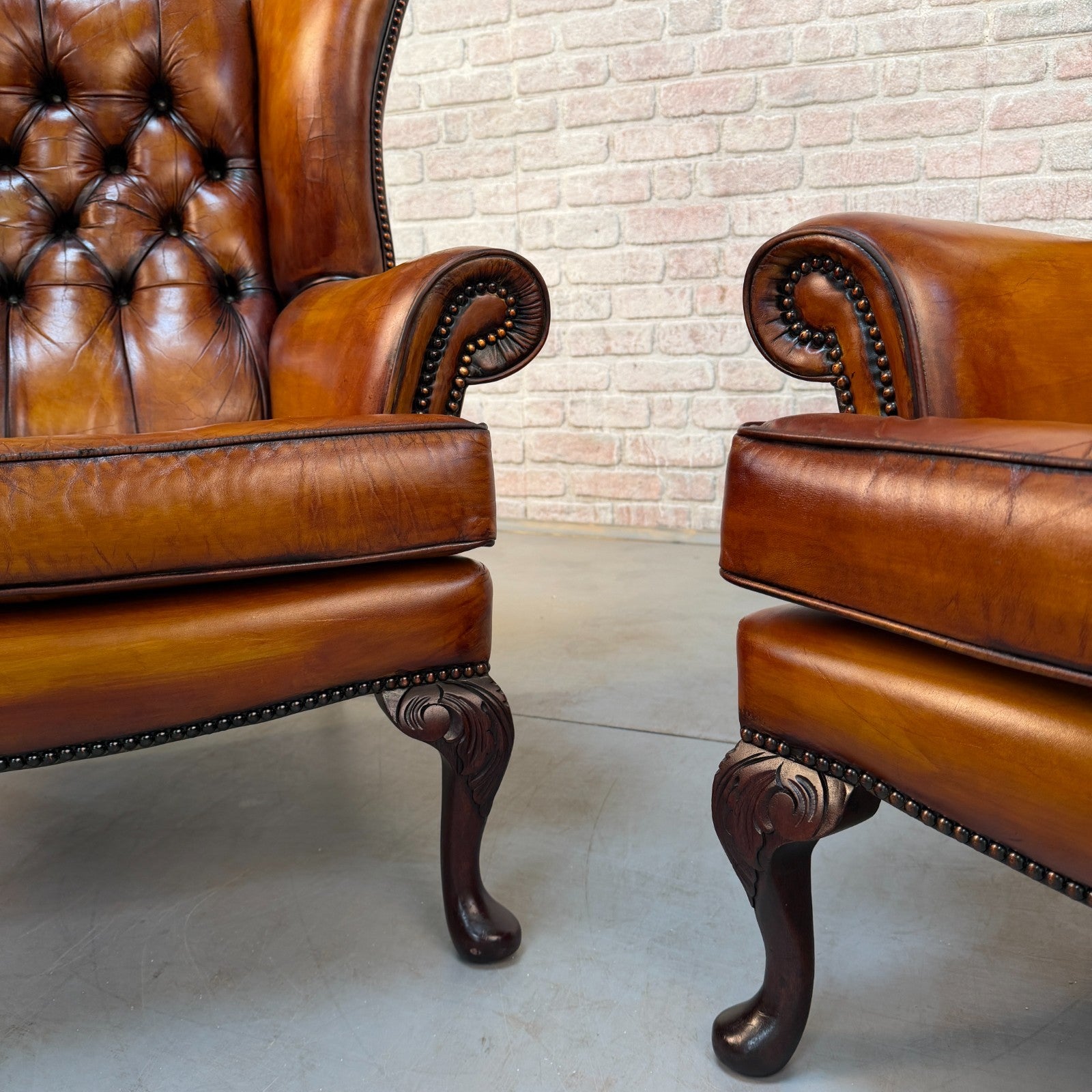 Pair of Vintage English Chesterfield Tan Hand-Dyed Leather Wingback Armchairs