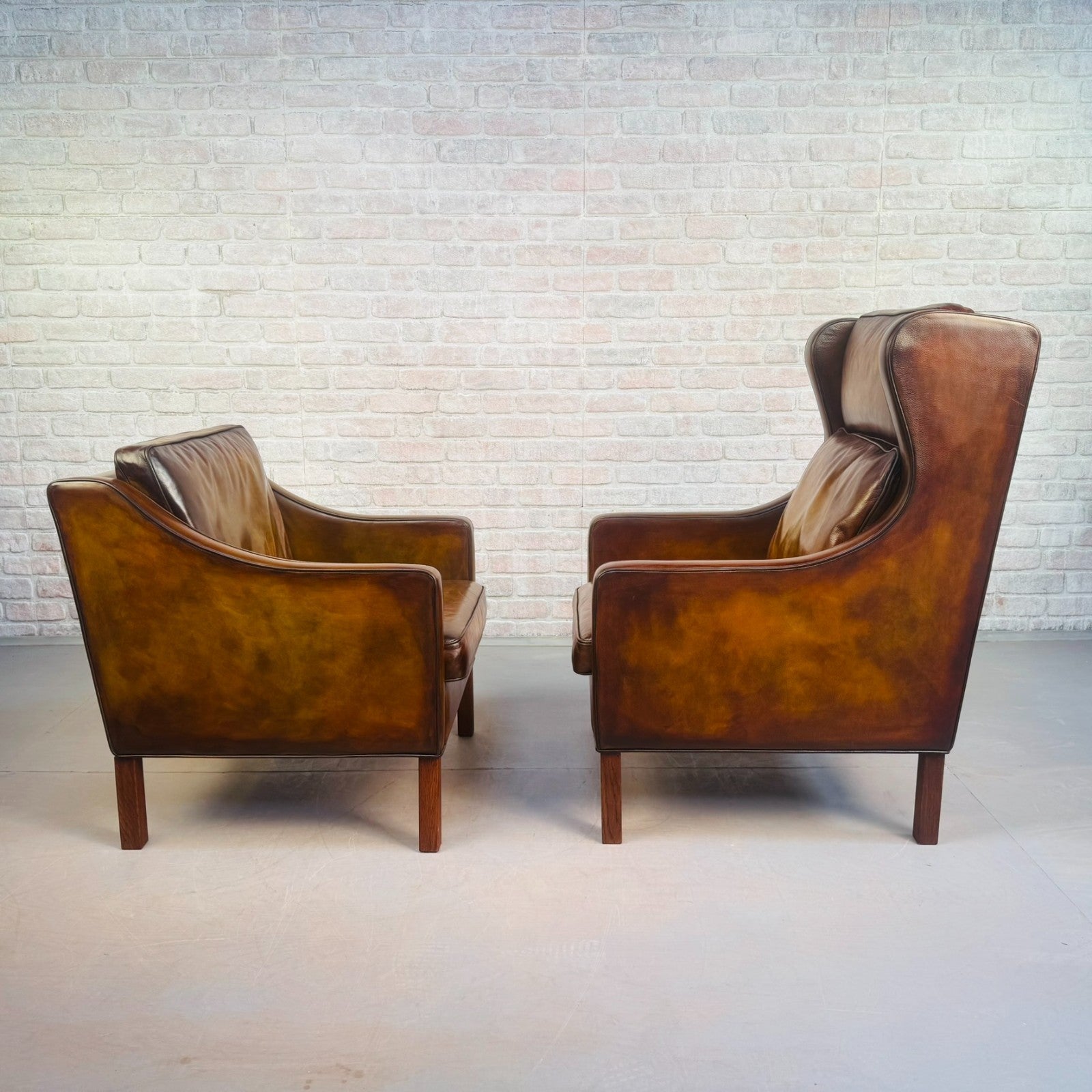Vintage Danish His & Hers High Back Leather Chairs Pair Light Brown Armchairs