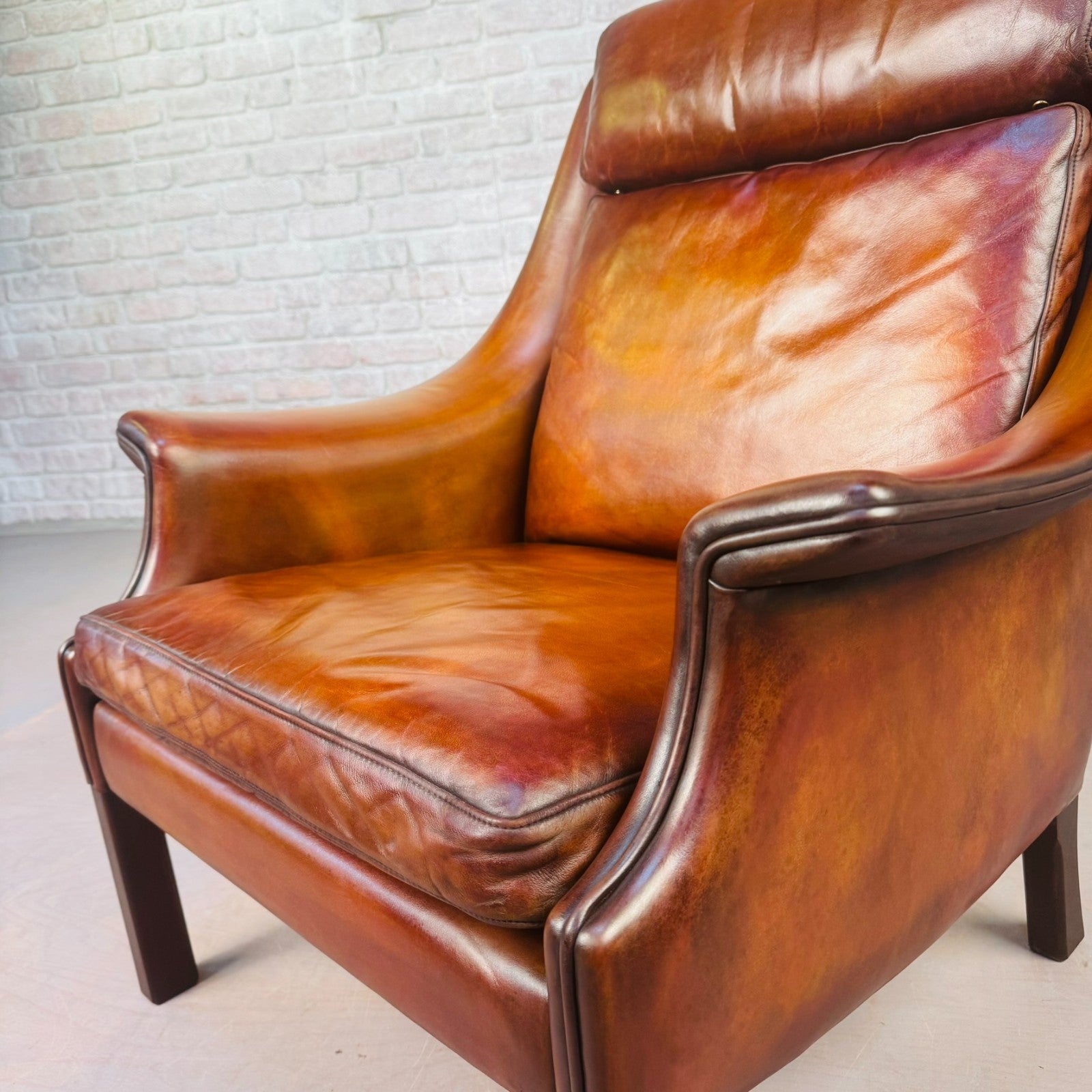 Vintage 1960s Aage Christiansen High Back Tan Leather Armchair
