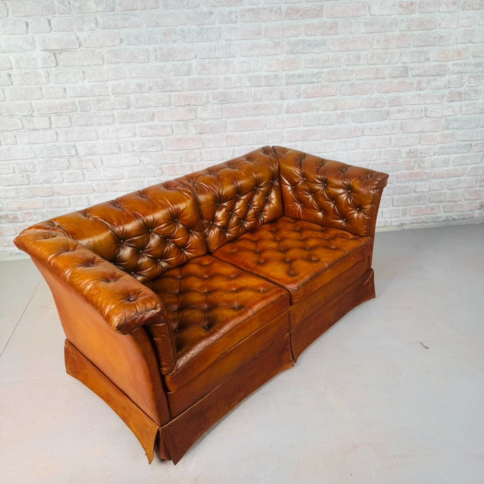 Vintage Danish Tan Leather Two Seater Sofa Fully Buttoned