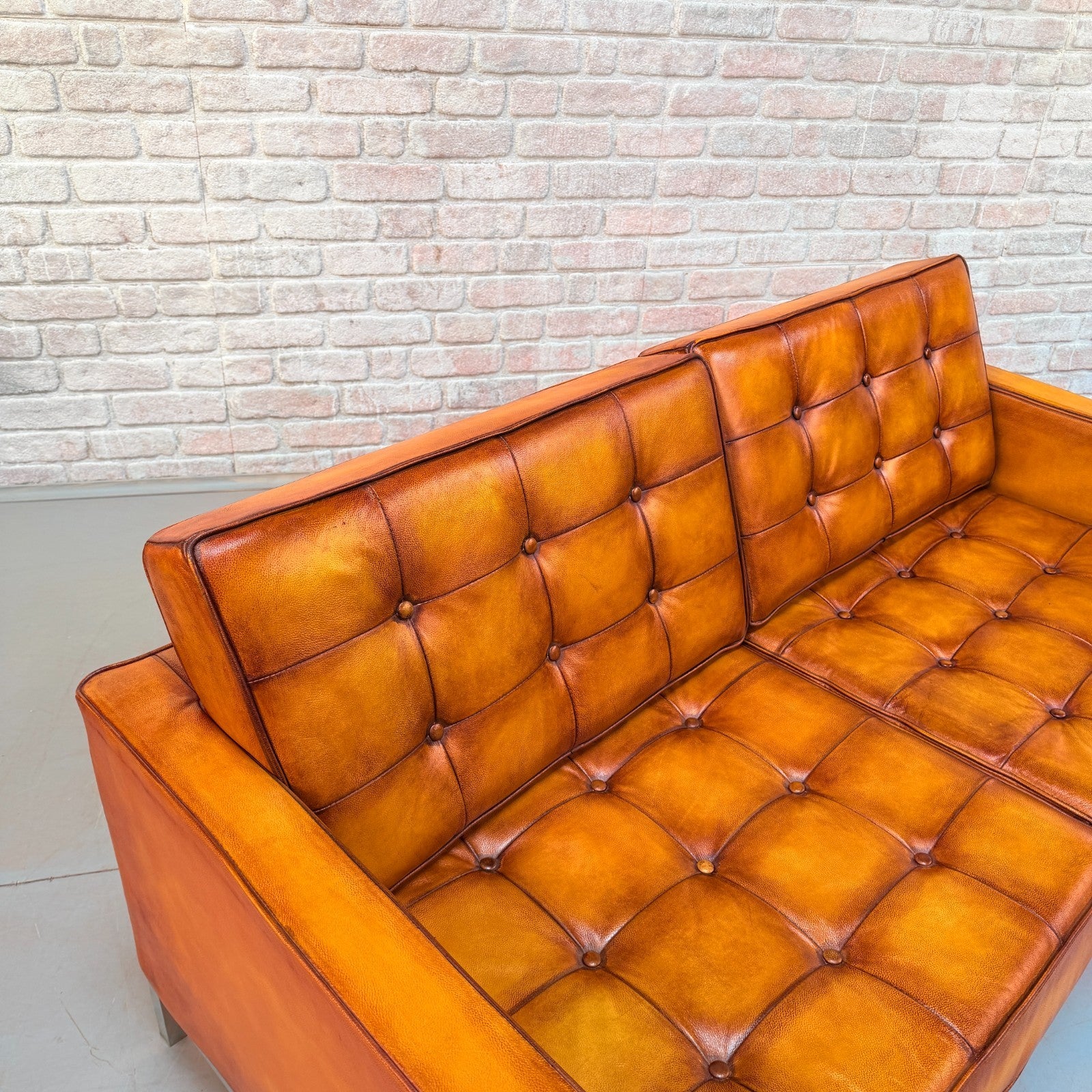 Vintage Florence Knoll Style Tan Leather Two Seater Sofa
