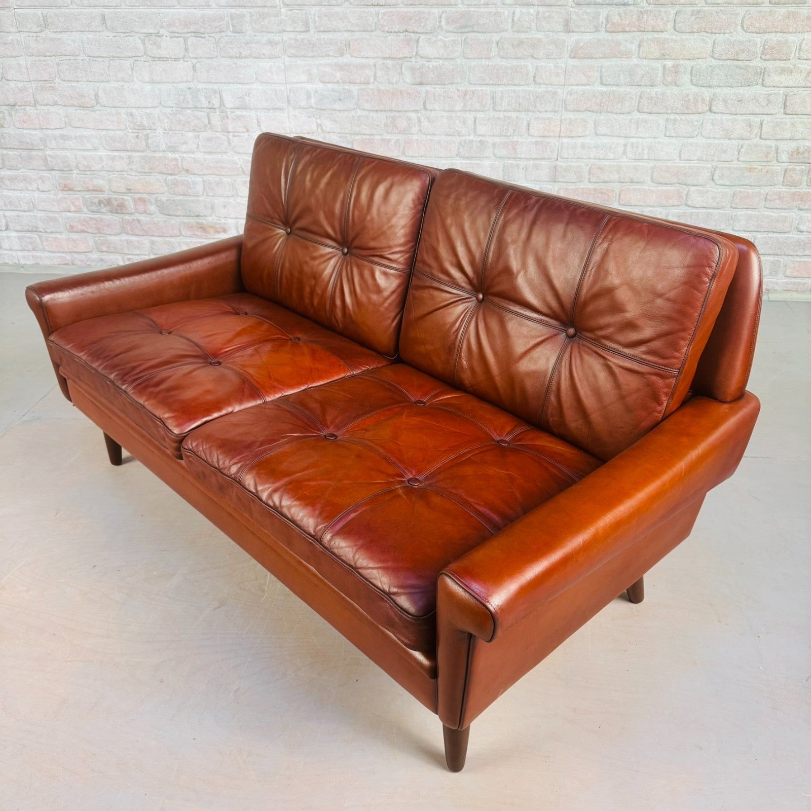 Vintage 1970s Svend Skipper Brown Leather Two-Seater Sofa