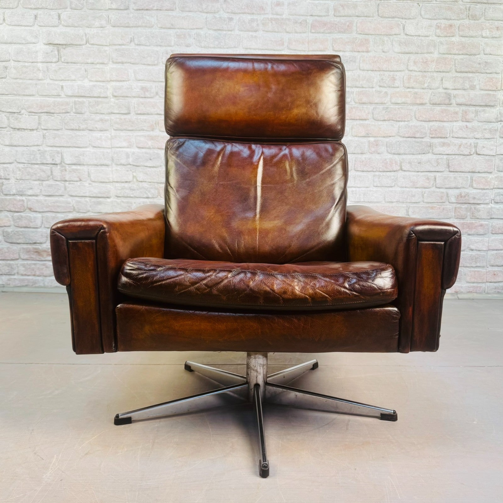 Vintage 1970s Danish Tan Leather Swivel Chair Mid Century Armchair