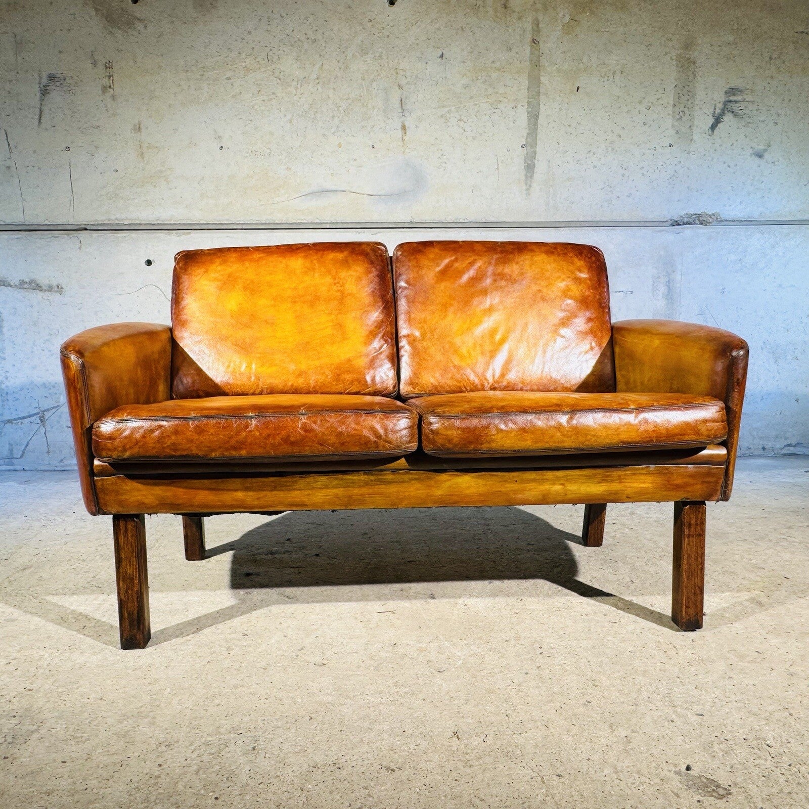 Neat Vintage Danish 1960s  Leather Two seater Sofa - Patinated Tan