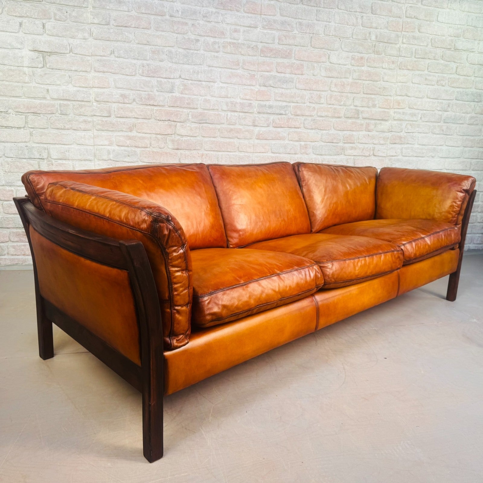 Long Vintage Danish Cognac Leather 3 Seater Sofa Mid Century Feather Filled