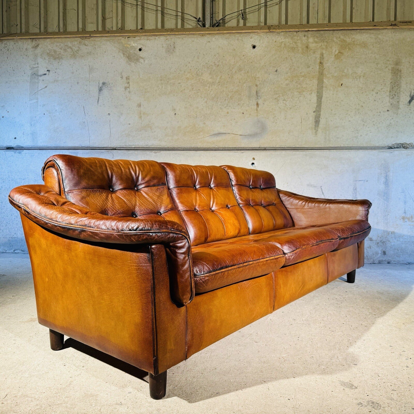 Vintage Danish Three-Seater Sofa - Bull Neck Leather, Hand-Dyed Tan Finish