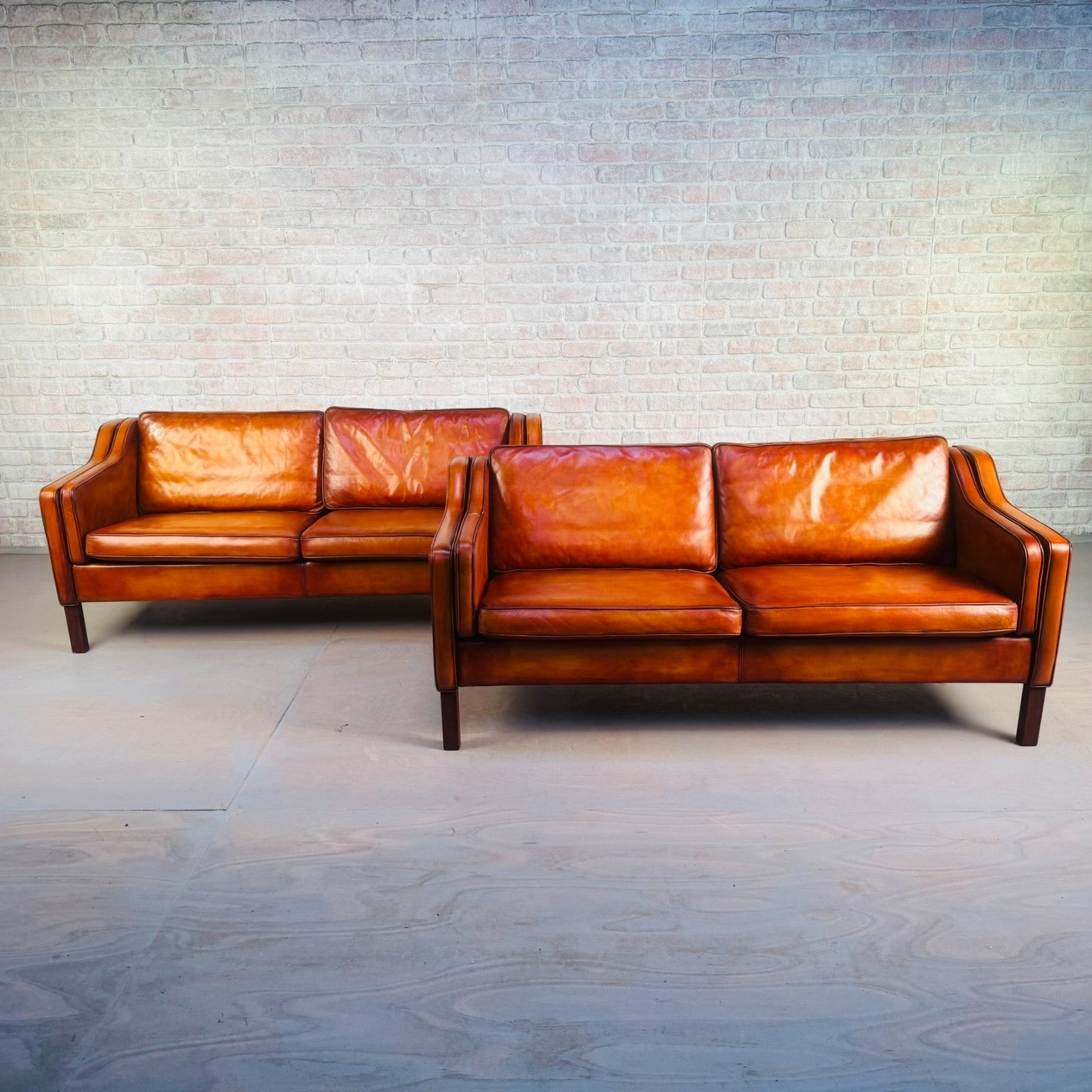 Stylish Pair of Vintage Danish Tan Leather 2.5 Seater Sofas
