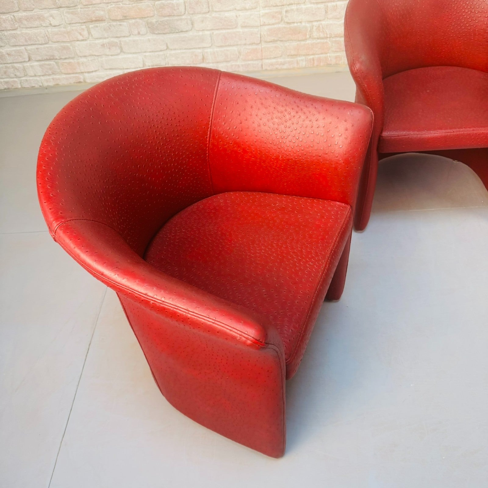 Set of Vintage Italian Red Faux Ostrich Leather Tub Chairs