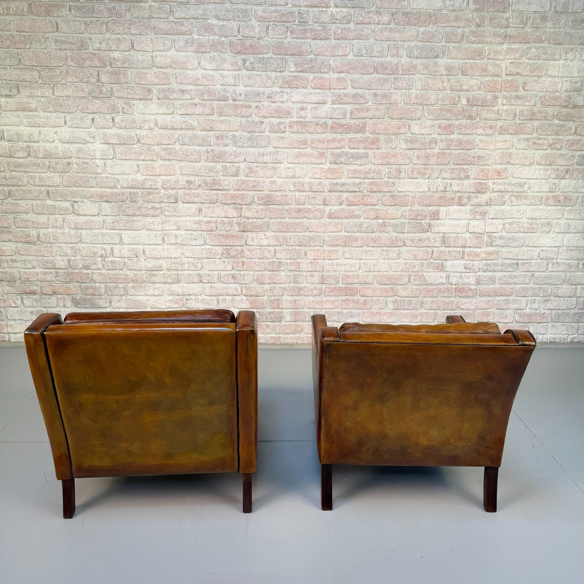 Near Pair Vintage 1970s Mogens Hansen Tan Leather Armchairs Danish Design