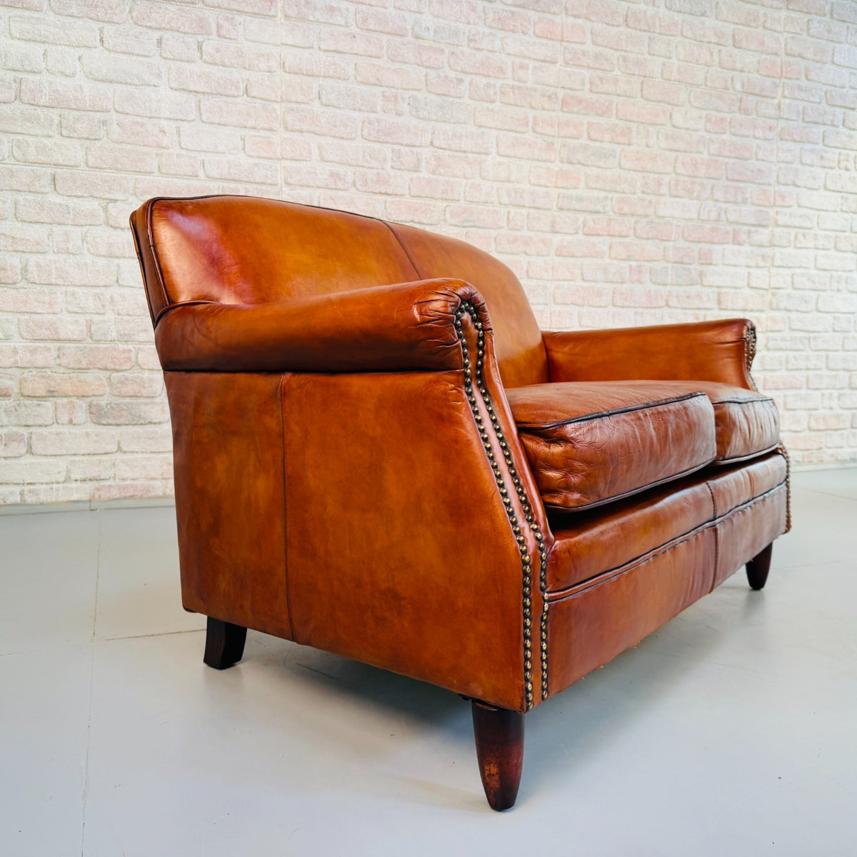 Vintage English Club Cognac Leather 2 Seater Sofa & Armchair Suite