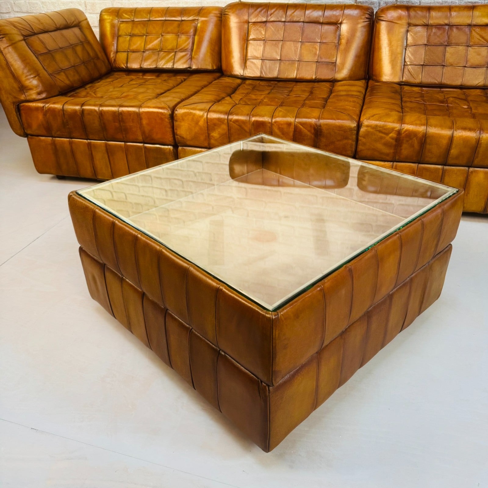 Rare Percival Lafer 60s Modular Sofa 4 Sections & Glass Top Table Tan Leather