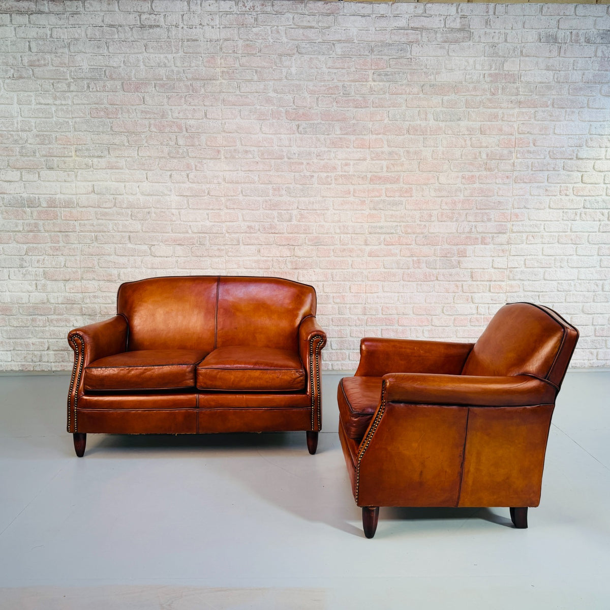 Vintage English Club Cognac Leather 2 Seater Sofa & Armchair Suite