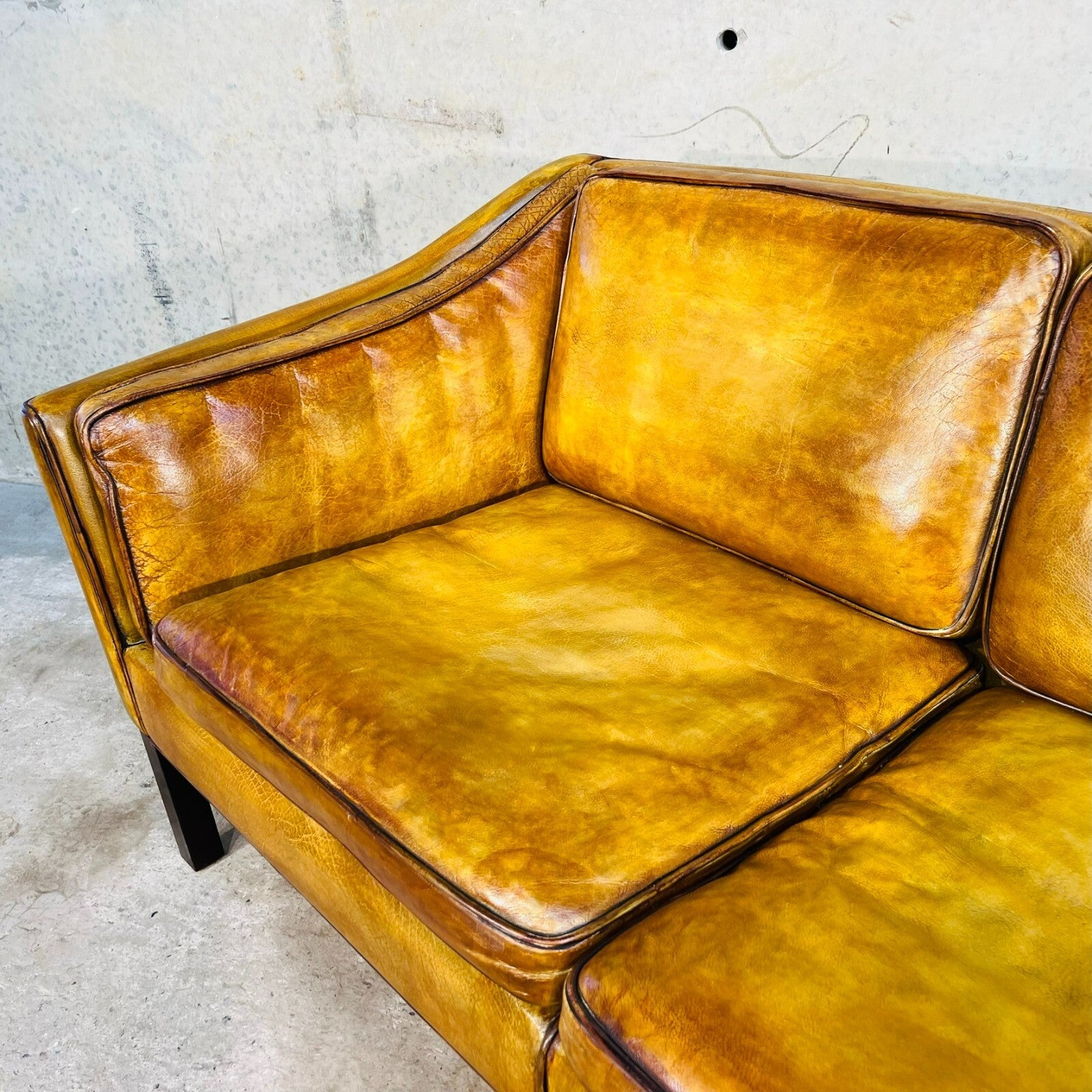 Vintage 1970s Danish Erik Jorgensen Patinated Light Tan Three-Seater Leather Sofa