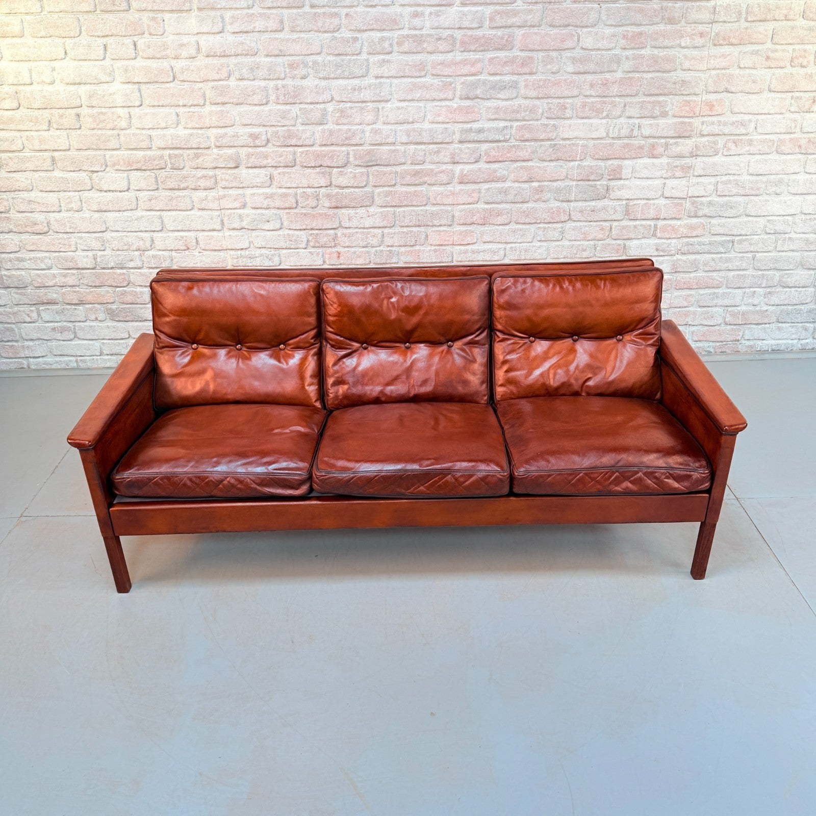Vintage 1960s Danish Hans Olsen Brown Hand-Dyed Leather Three Seater Sofa