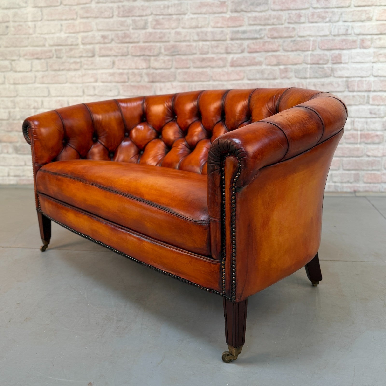 Vintage Neat Chesterfield Tan Hand-Dyed Leather Two Seater Sofa