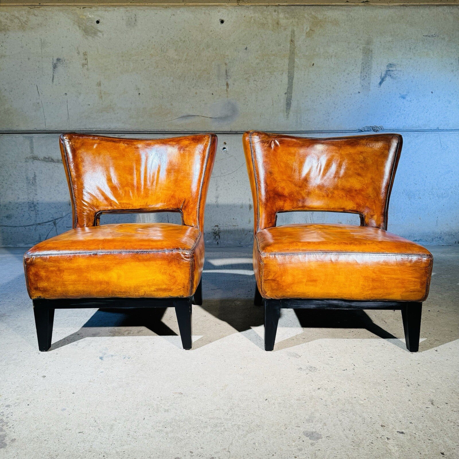 Pair of Vintage Andrew Martin Oversized Leather Chairs Hand-Dyed Light Tan