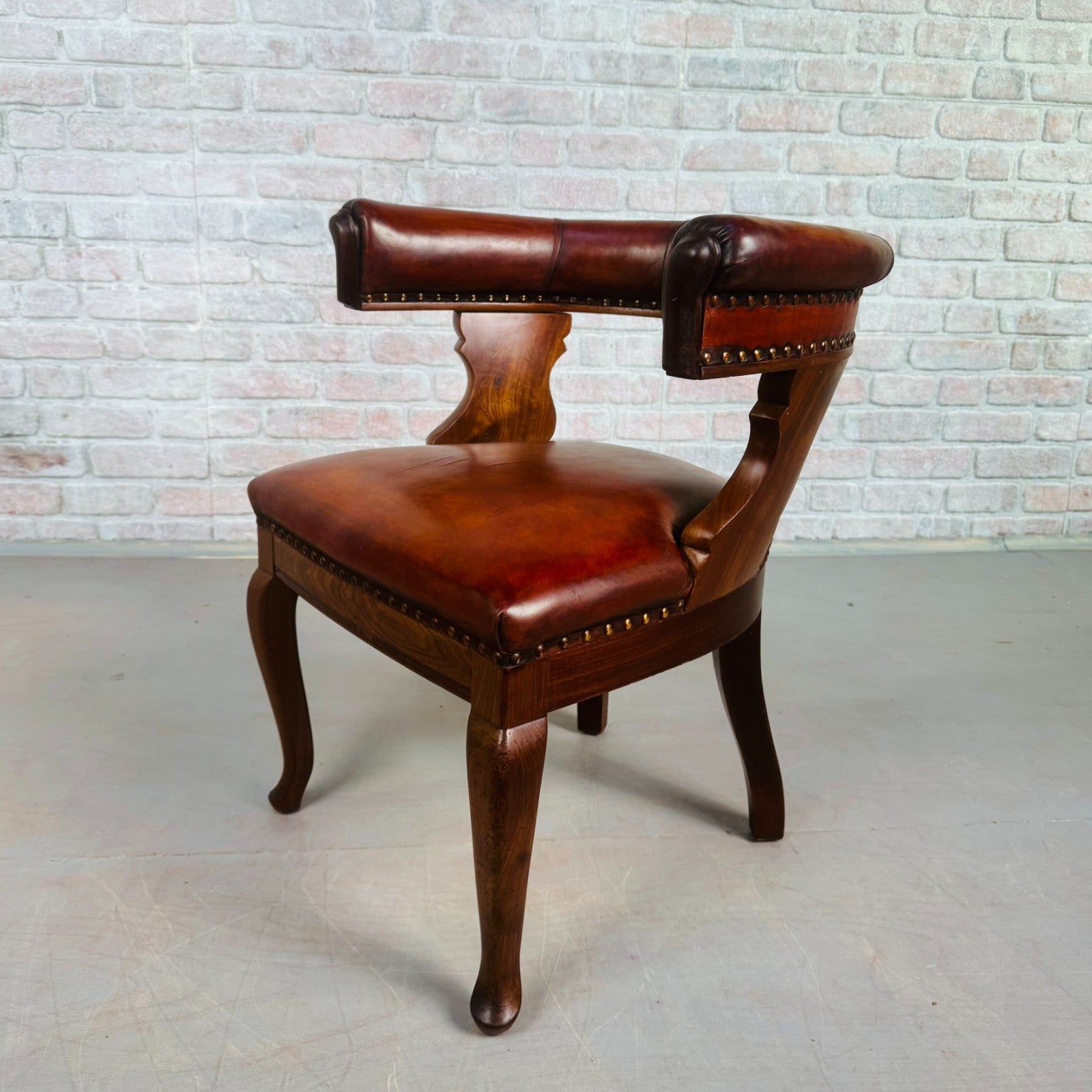 1940s Antique Danish Tan Leather Partner’s Desk Chair - Walnut Frame