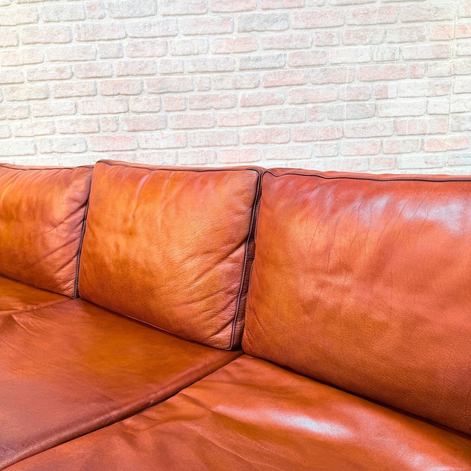 Vintage Danish Tan Hand-Dyed Leather Three Seater Sofa