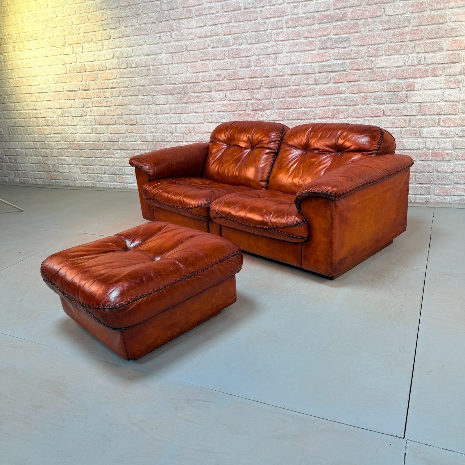 Vintage 70s De Sede DS-101 Two Seater Sofa & Footstool Cognac Leather Switzerlan