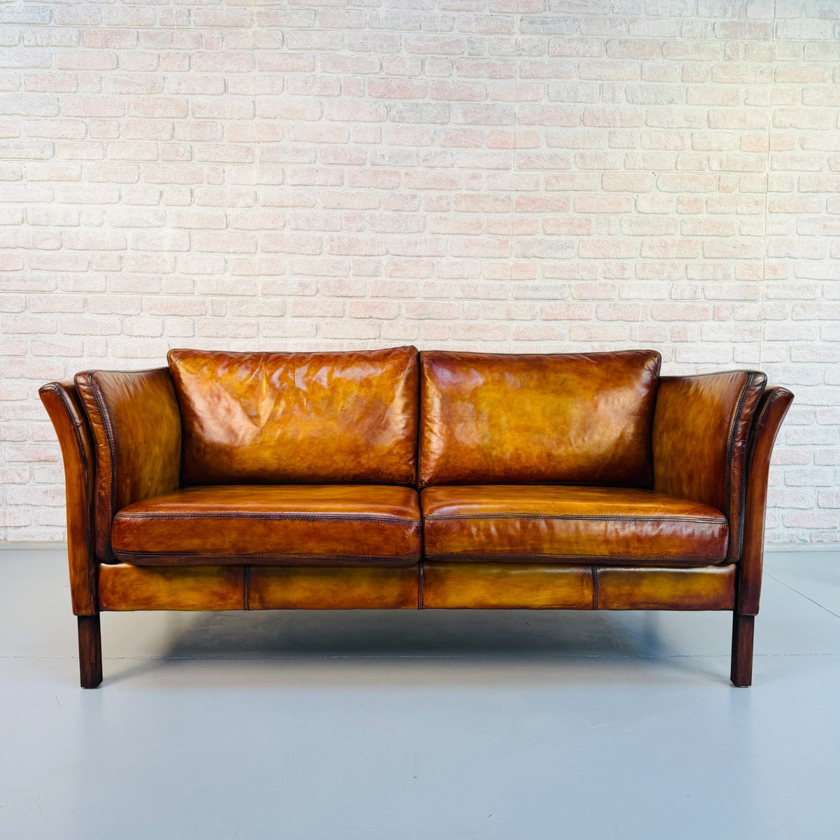 Vintage Danish Hand Dyed Tan Leather 2.5 Seater Sofa Mid Century