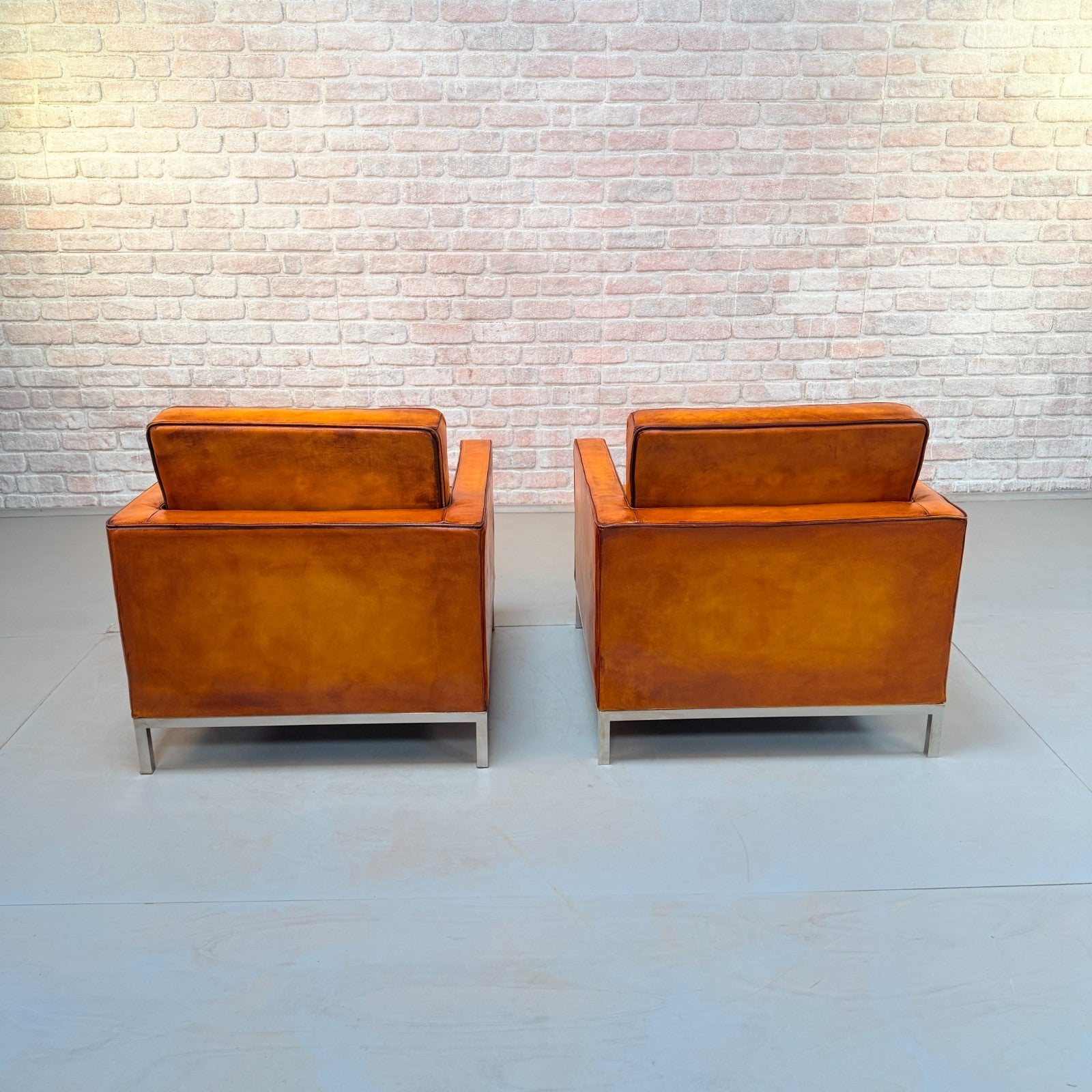 Vintage Pair of Florence Knoll Style Tan Leather Armchairs