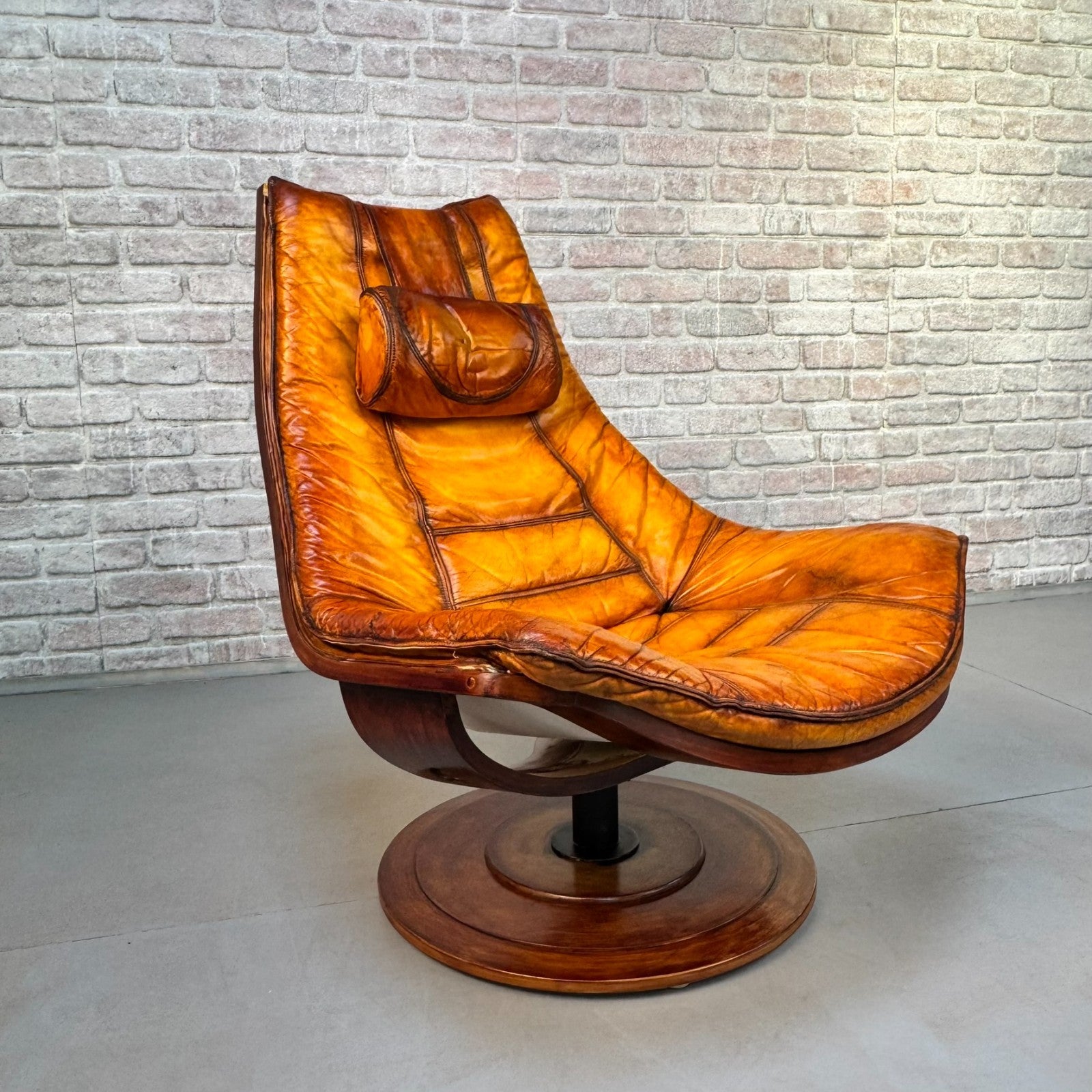 Vintage 1970s Swedish Swivel Lounge Chair | Hand Dyed Light Tan Leather