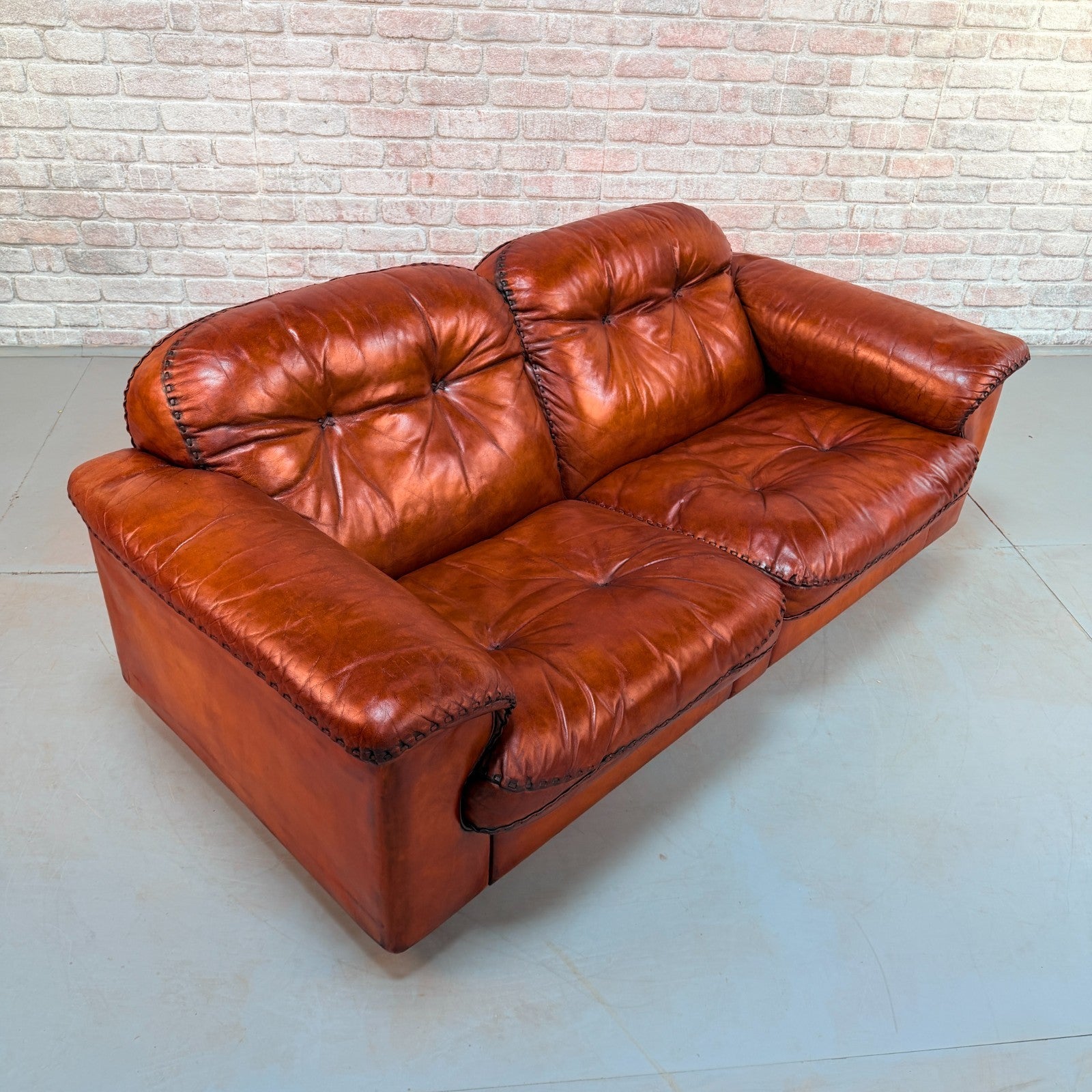 Vintage 70s De Sede DS-101 Two Seater Sofa & Footstool Cognac Leather Switzerlan