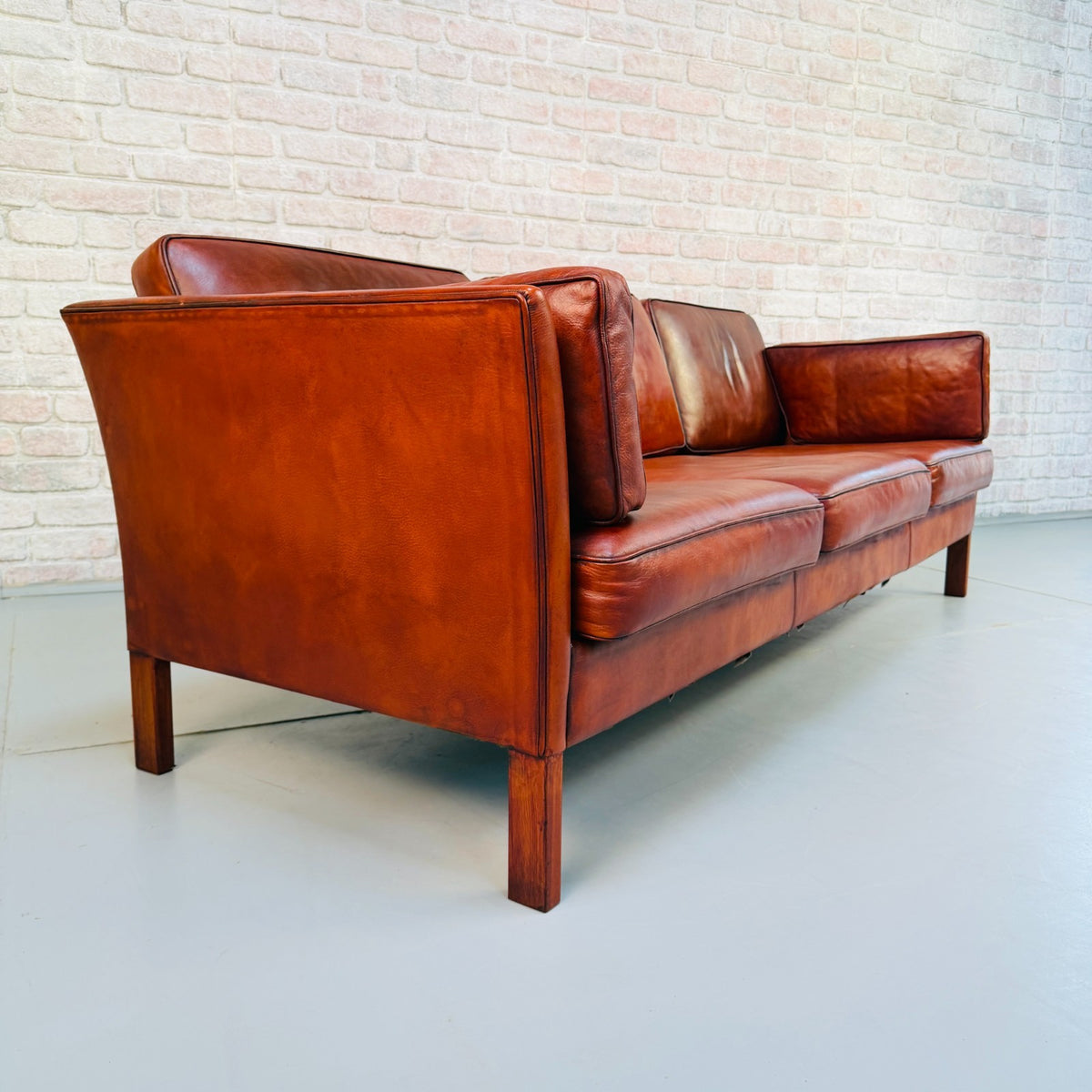 1970s Vintage Danish Tan Cognac Leather 3 Seater Sofa – Hand Dyed Patina