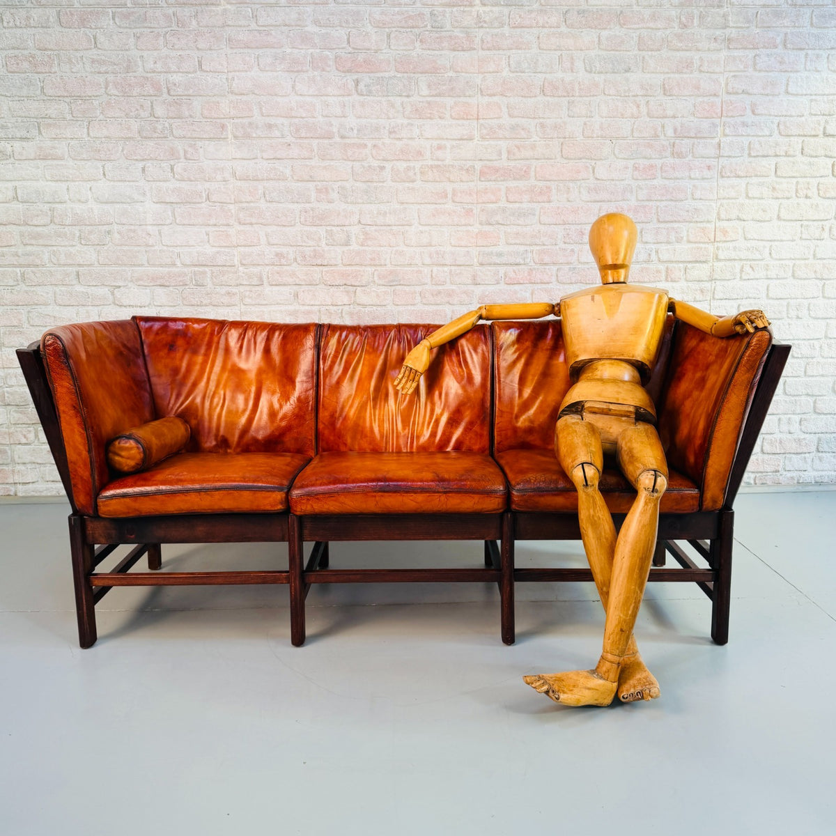 1970s Vintage Danish Hand Dyed Cognac Leather 3 Seater Sofa