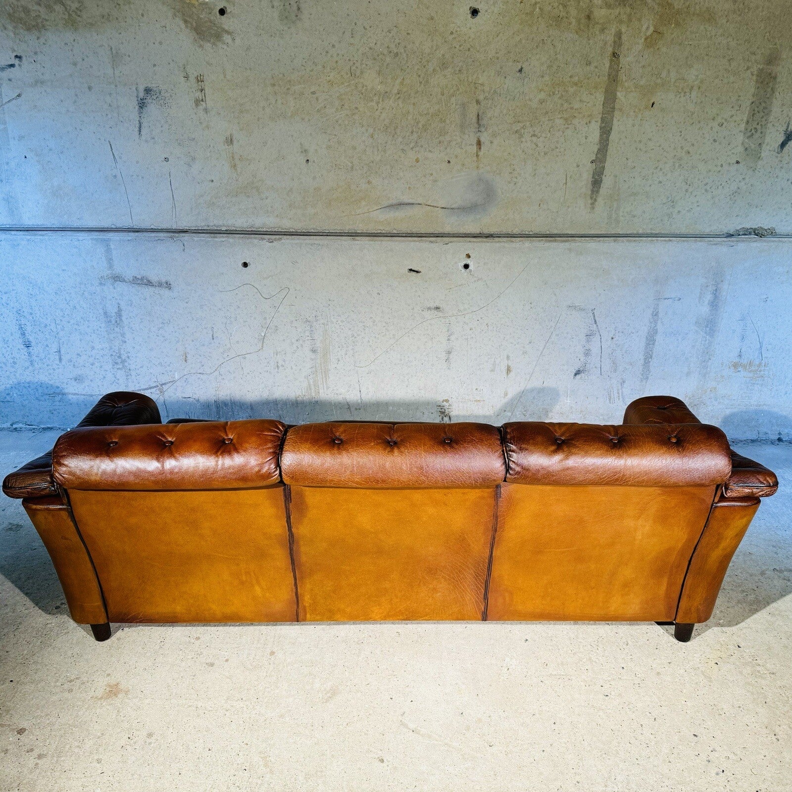 Vintage Danish Three-Seater Sofa - Bull Neck Leather, Hand-Dyed Tan Finish