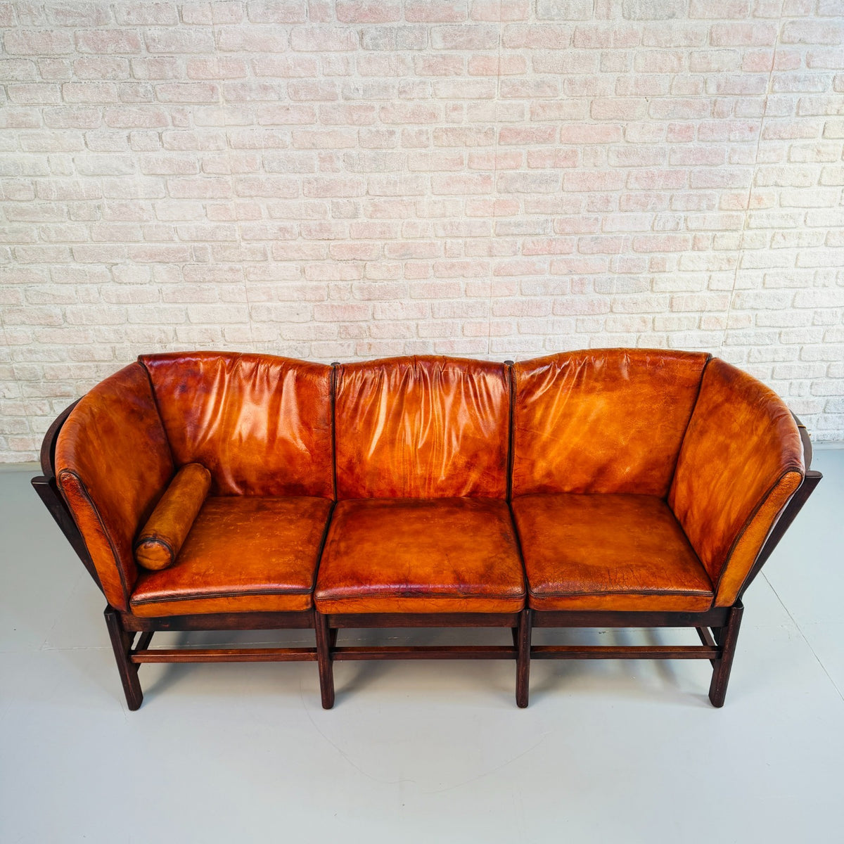 1970s Vintage Danish Hand Dyed Cognac Leather 3 Seater Sofa