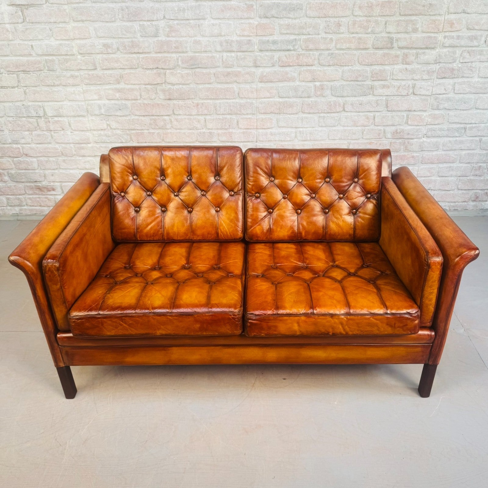 Vintage 1970s Danish Tan Leather 2 Seater Sofa Buttoned Mid Century