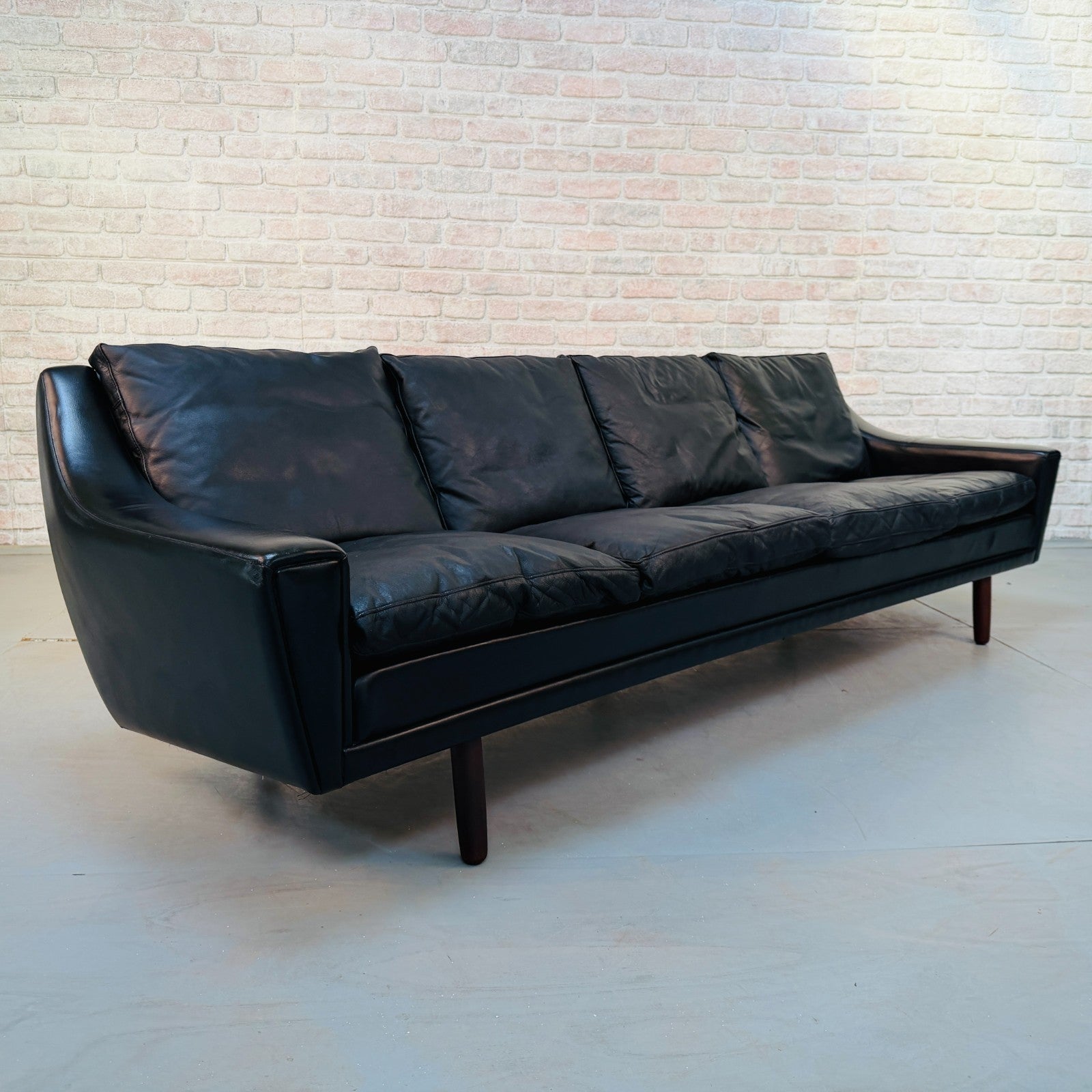 Vintage 1970s Danish George Thams Black Hand-Dyed Leather Four Seater Sofa