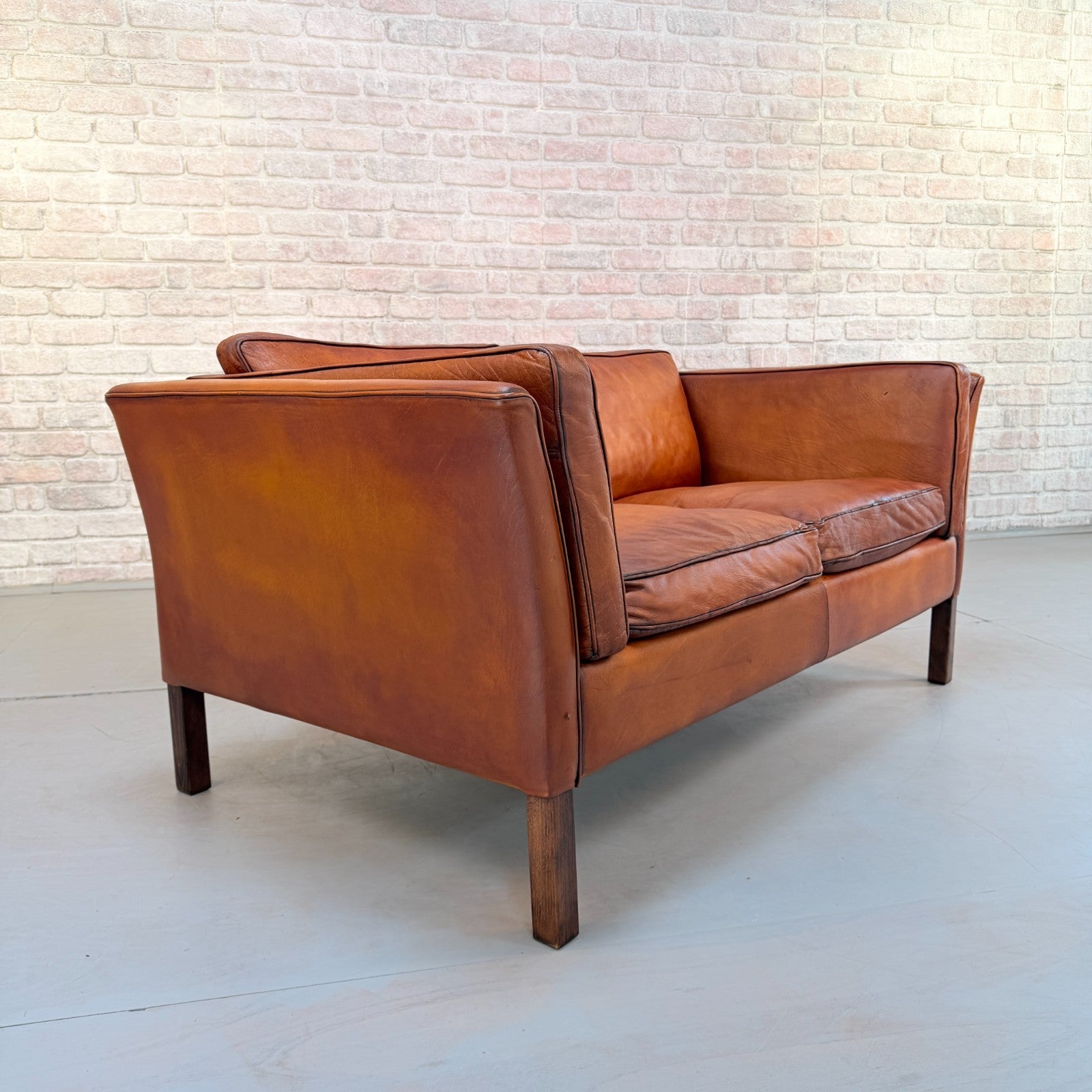 Vintage Danish Tan Leather 2 Seater Sofa Hand Dyed Buffalo Leather Patina