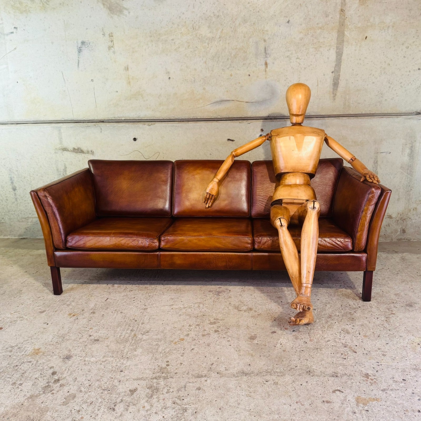 Danish Vintage Tan Leather 3 Seater Sofa — Sleek & Elegant