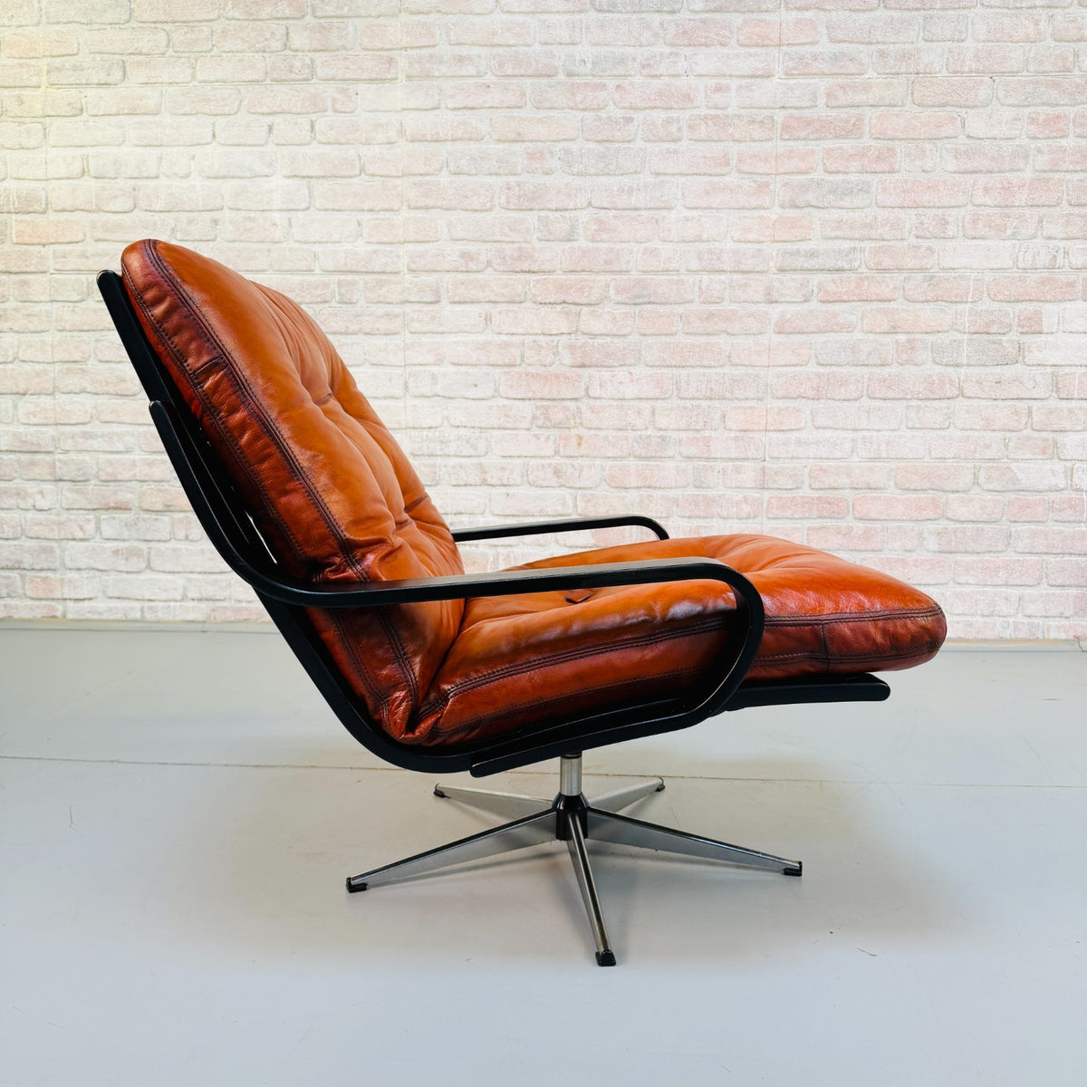 Vintage Danish Cognac Tan Leather Swivel Armchair Black Beech Frame