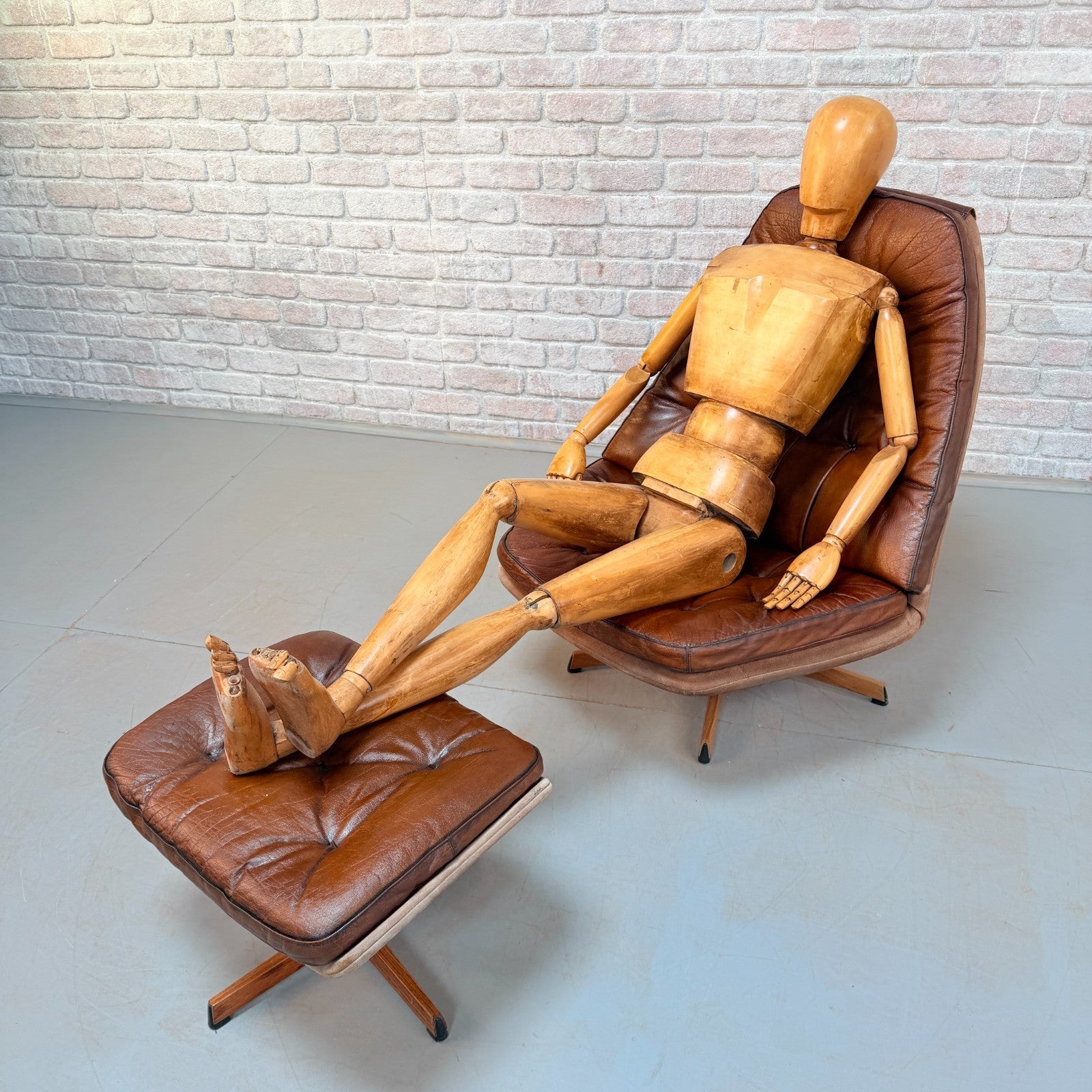 1960s Pair of Madsen & Schubell MS68 Cognac Leather Lounge Chairs & Footstools