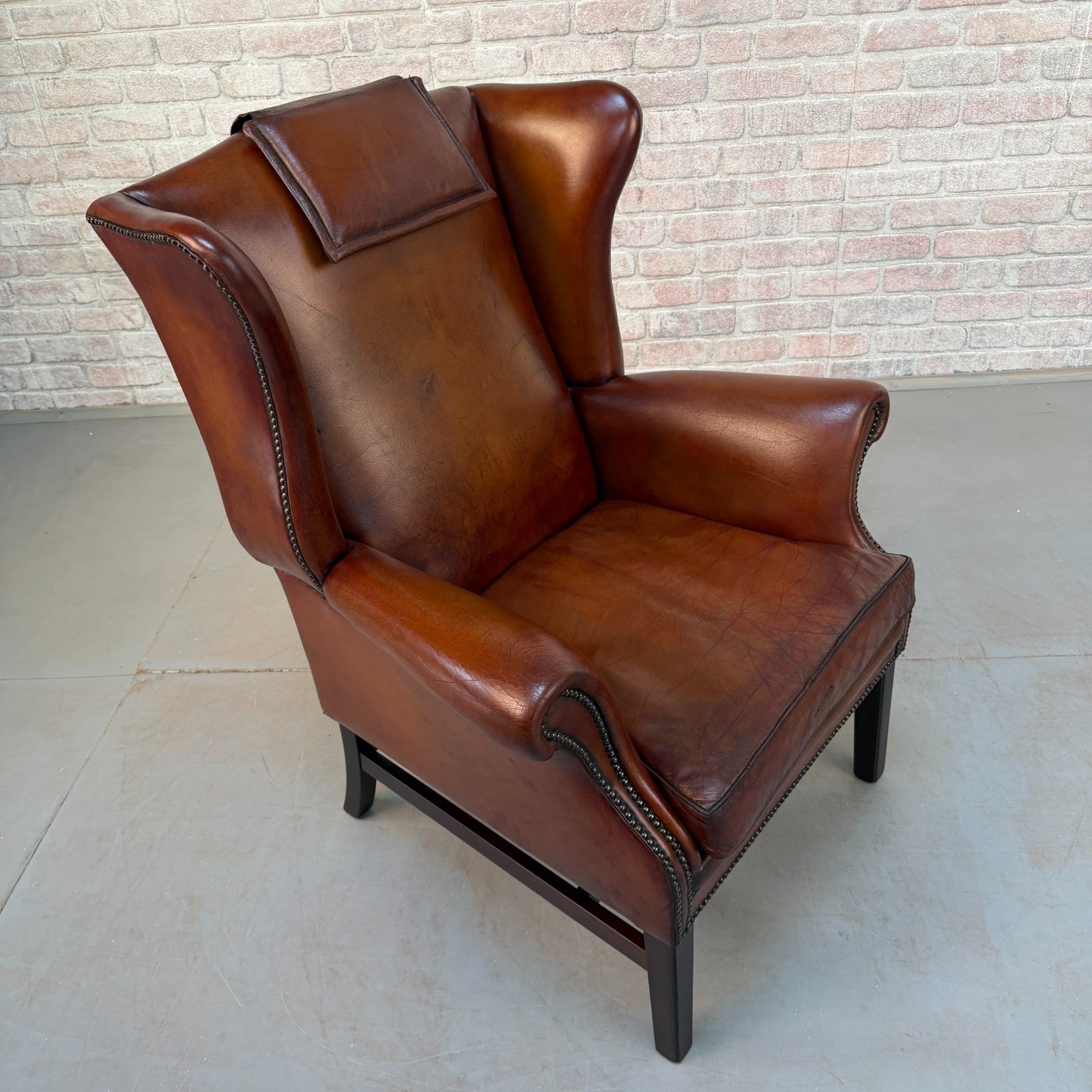 Vintage Danish Dark Tan Hand-Dyed Leather Wingback Chair & Matching Footstool