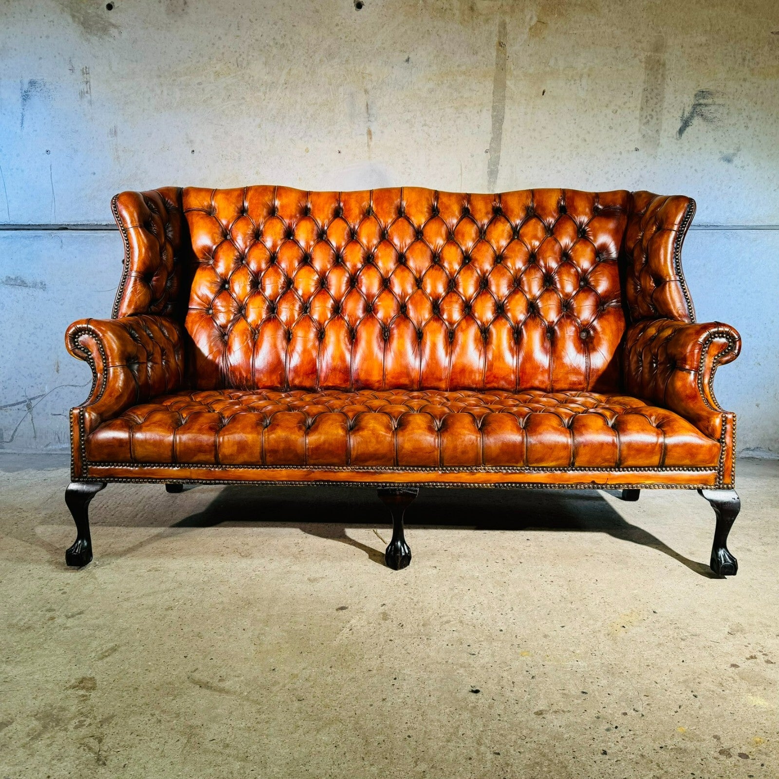 Beautiful Three Seater 19th C Tan Leather Chesterfield Sofa Fully Buttoned