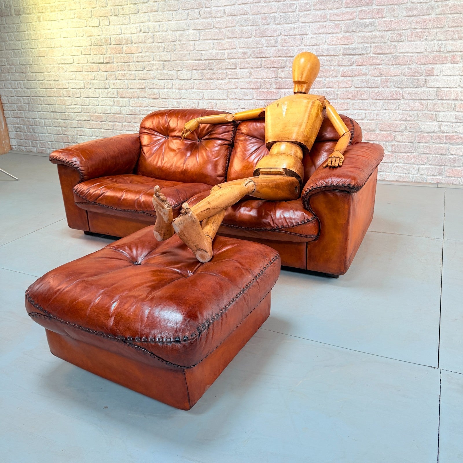 Vintage 70s De Sede DS-101 Two Seater Sofa & Footstool Cognac Leather Switzerlan