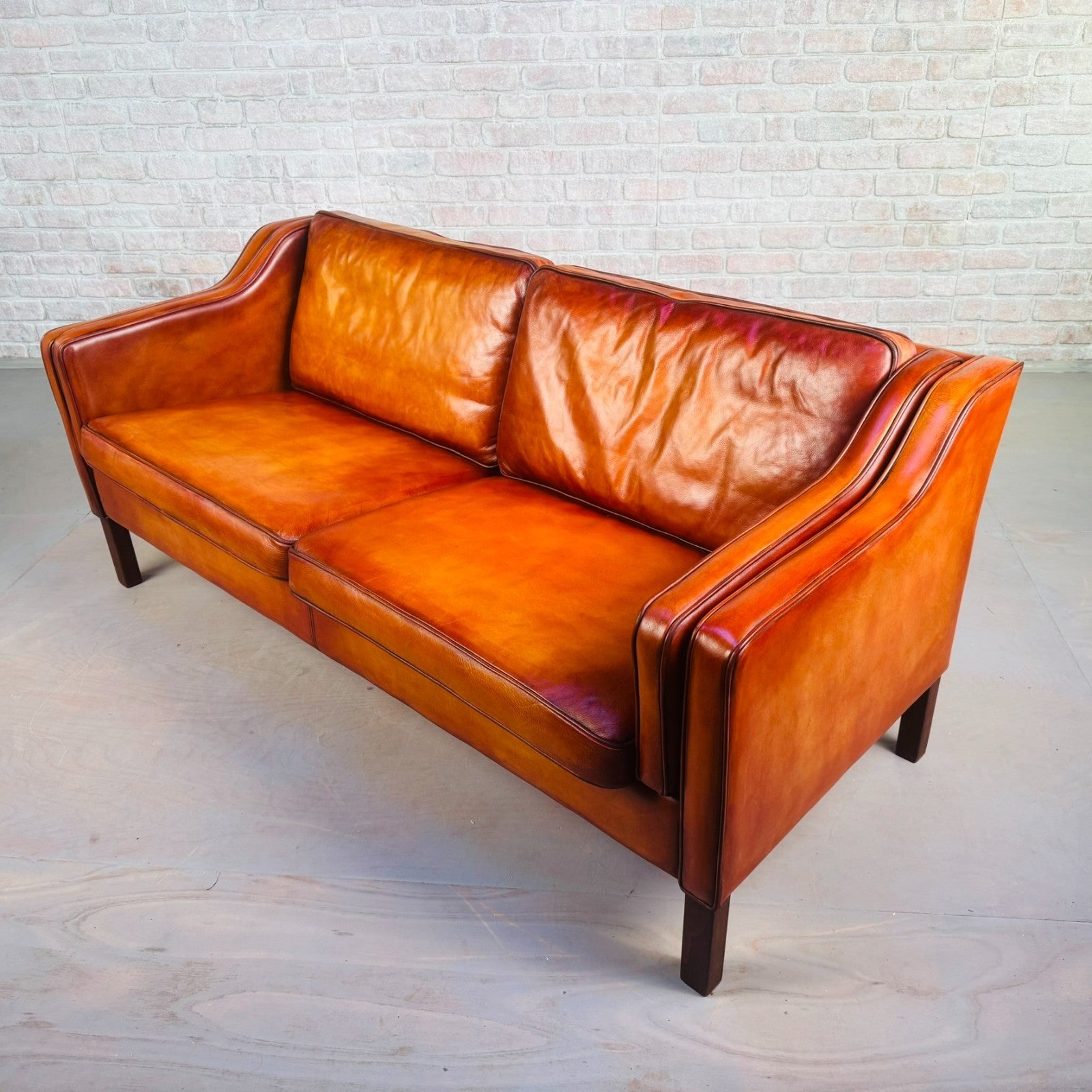 Stylish Pair of Vintage Danish Tan Leather 2.5 Seater Sofas