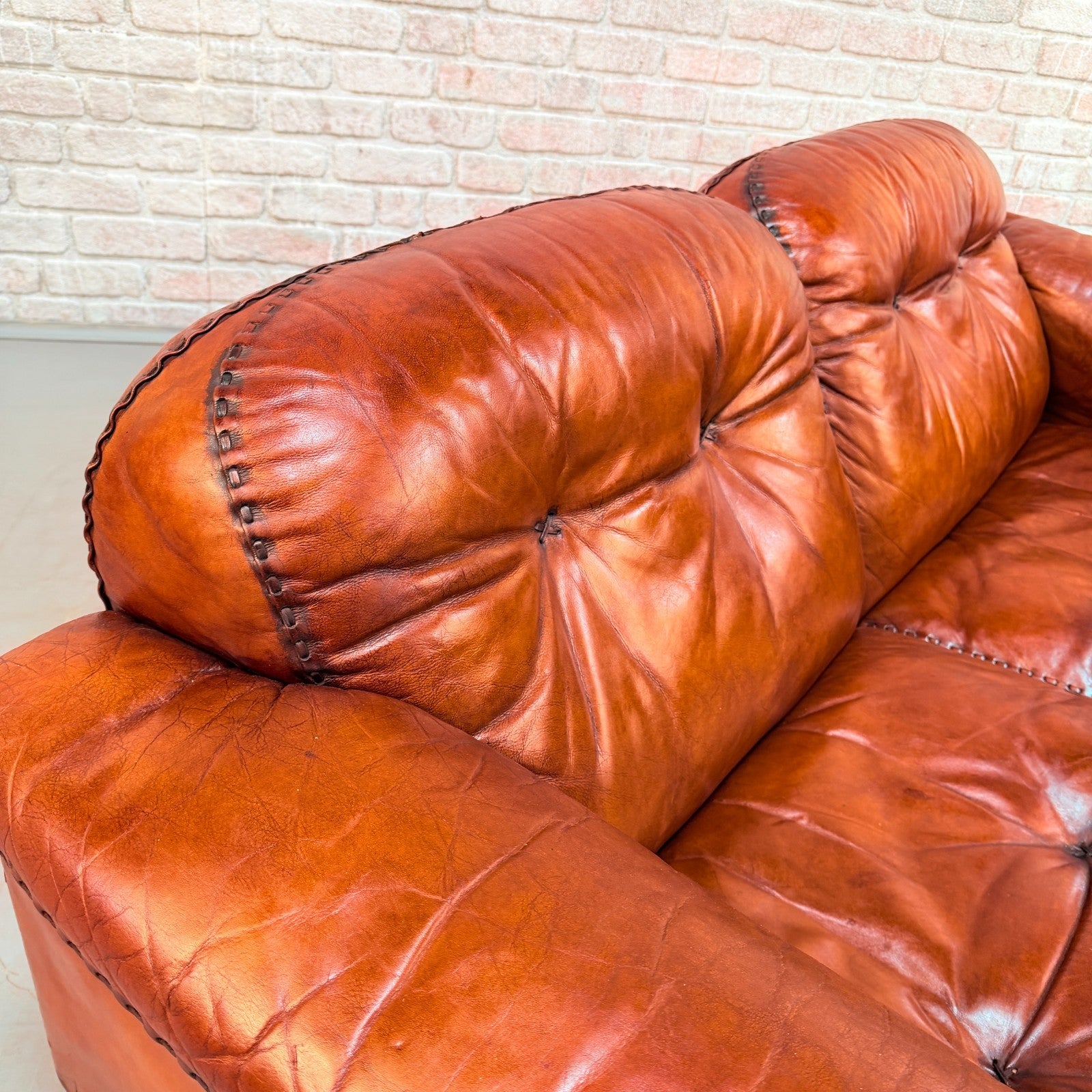 Vintage 70s De Sede DS-101 Two Seater Sofa & Footstool Cognac Leather Switzerlan