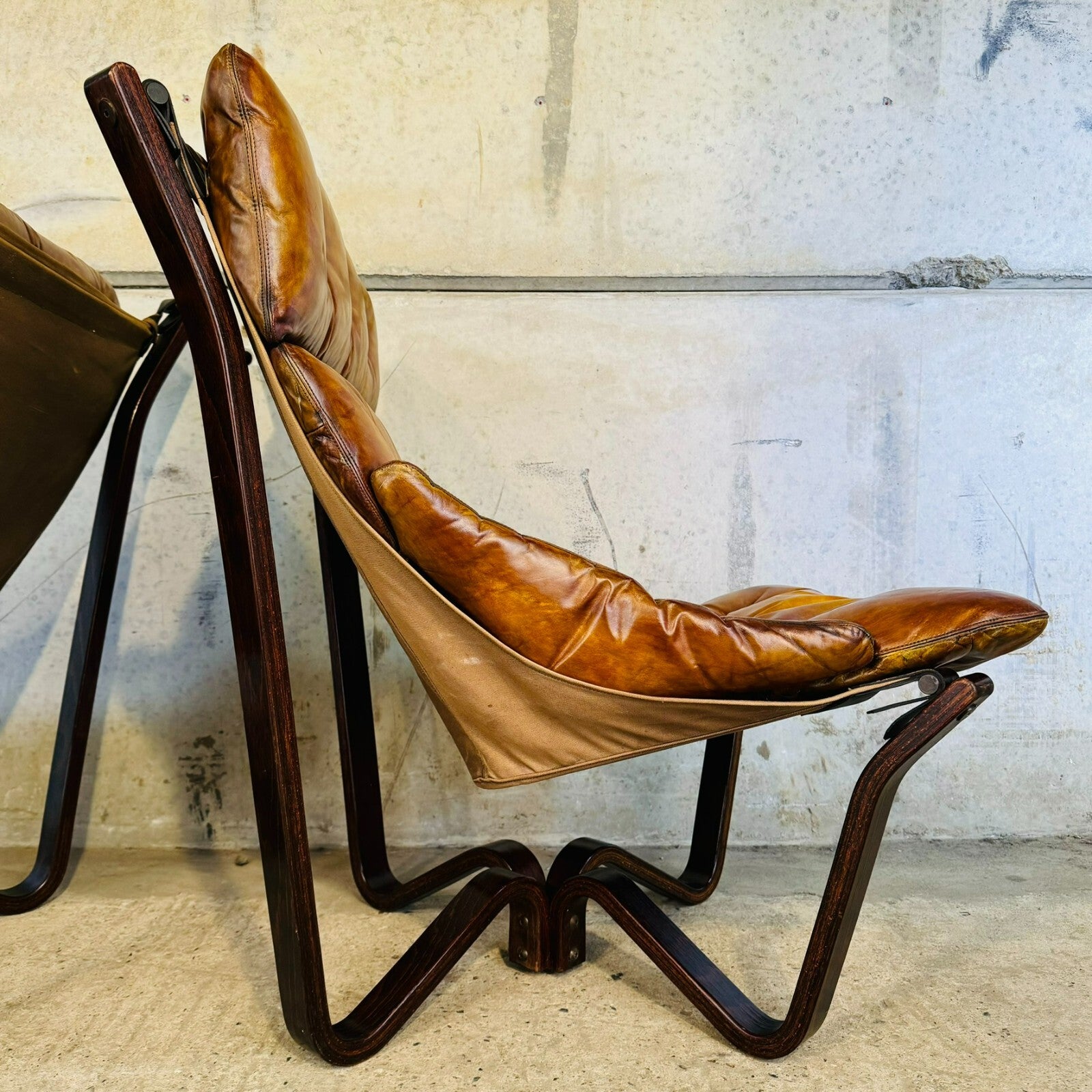 Vintage Pair of 70s Scandinavian Viking Chairs by Jim Myrstad Tan Leather