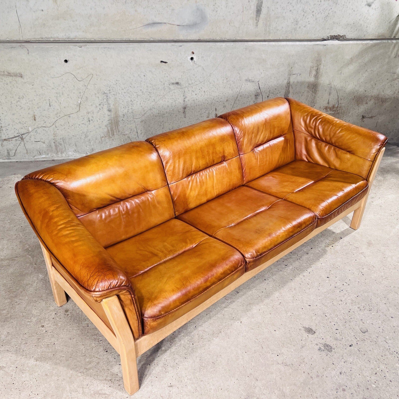 Long Vintage Swedish Three-Seater Patinated  Tan Leather Sofa