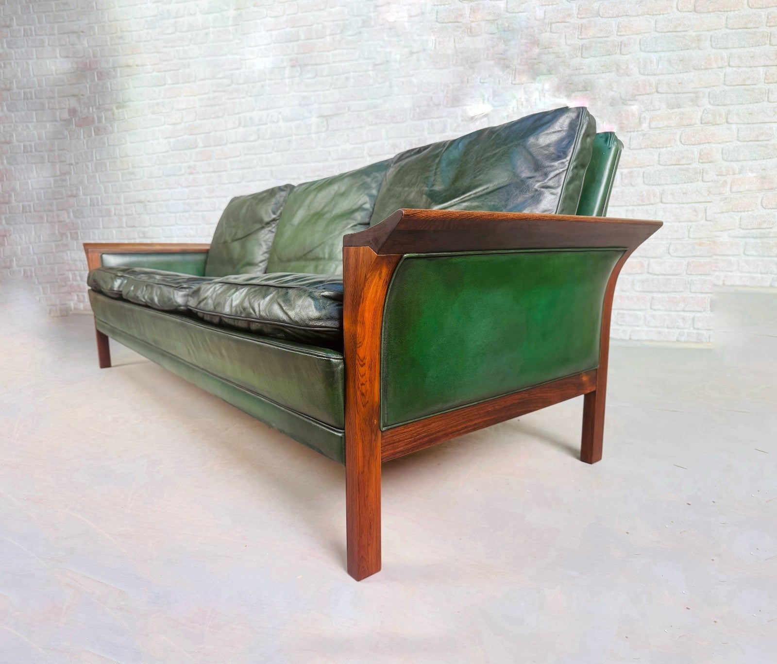 1960s Danish Green Leather Three-Seater Sofa & His & Hers Armchairs Golstrup