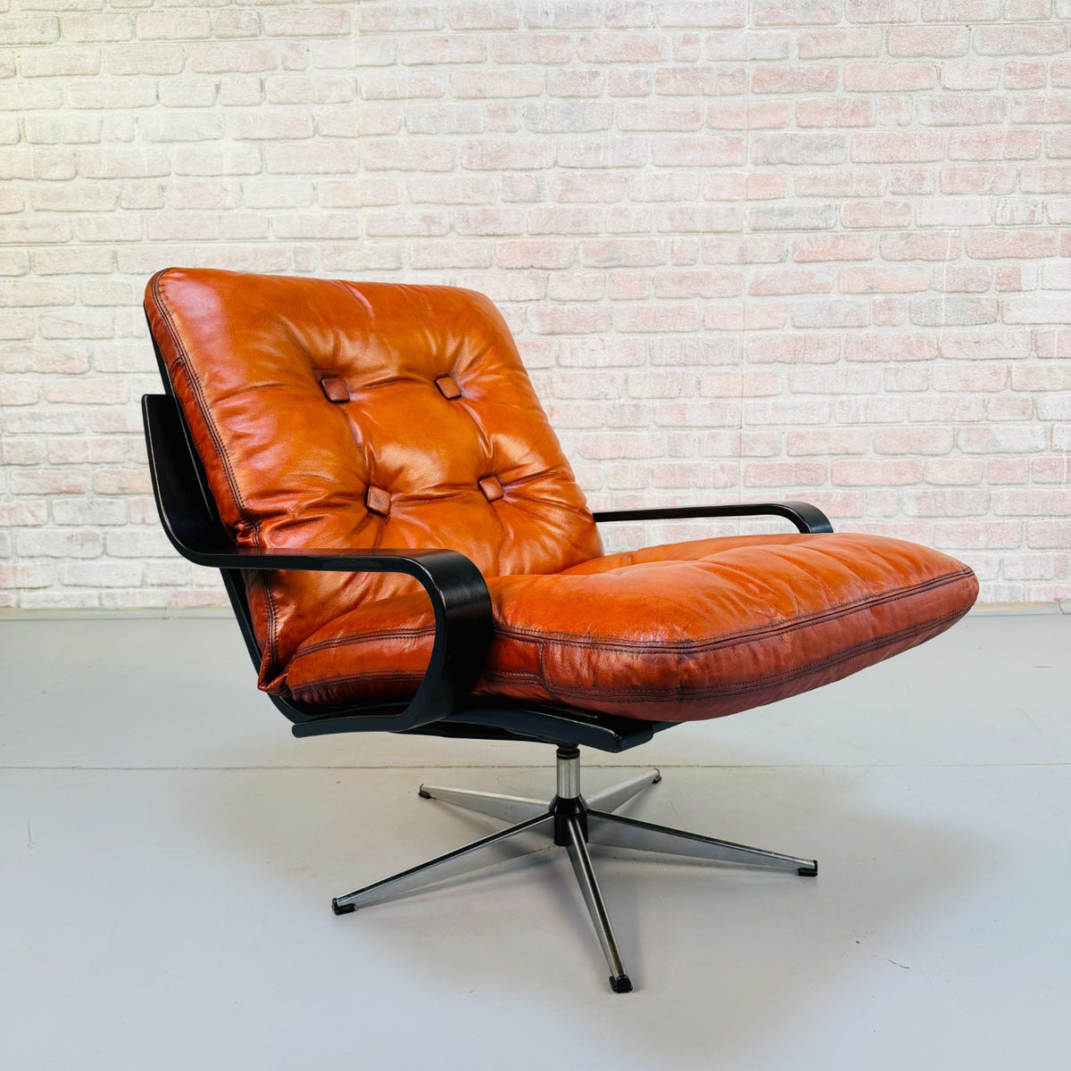 Vintage Danish Cognac Tan Leather Swivel Armchair Black Beech Frame