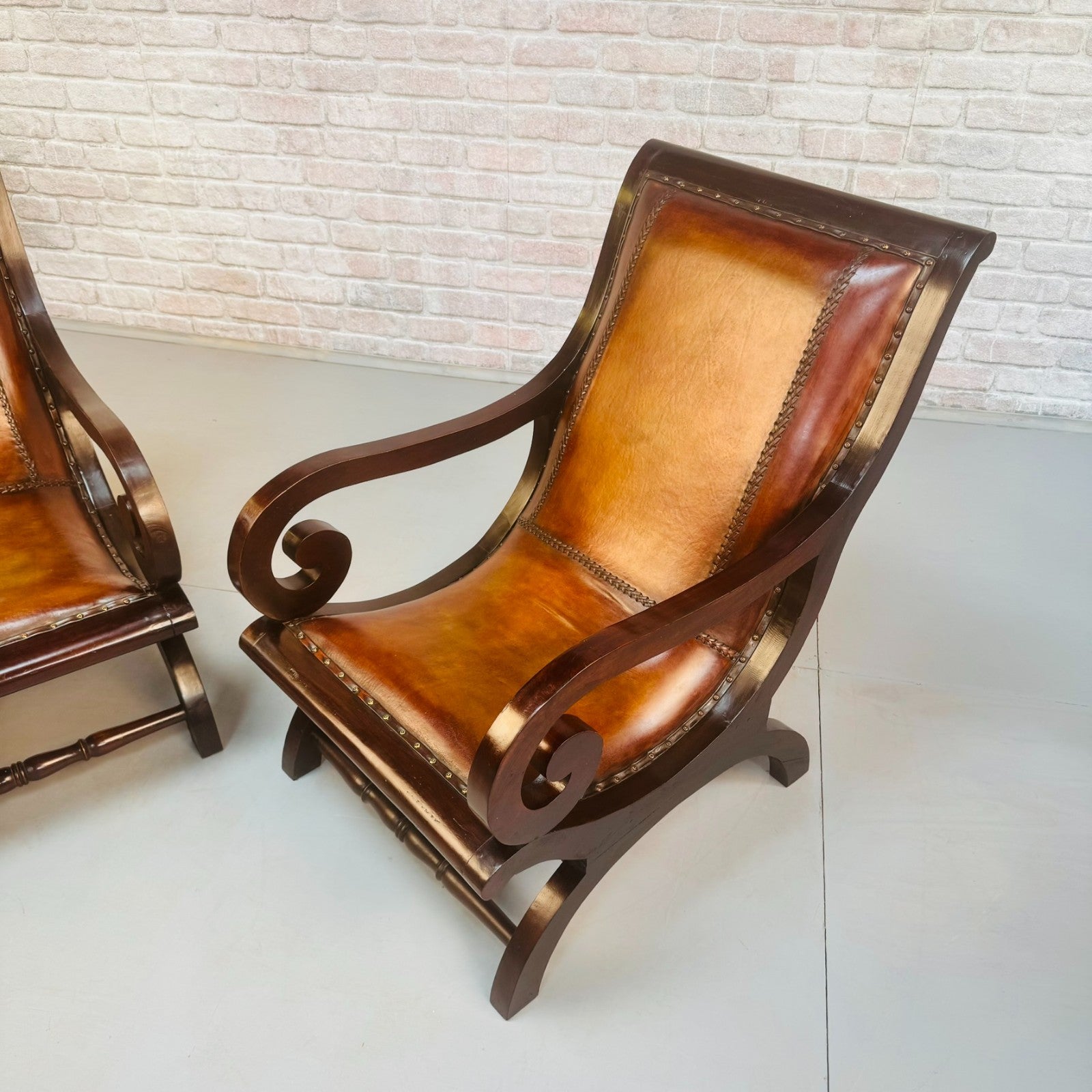 Vintage Danish Pair of Tan Leather Slipper Lounge Armchairs Mahogany Frame 1970s